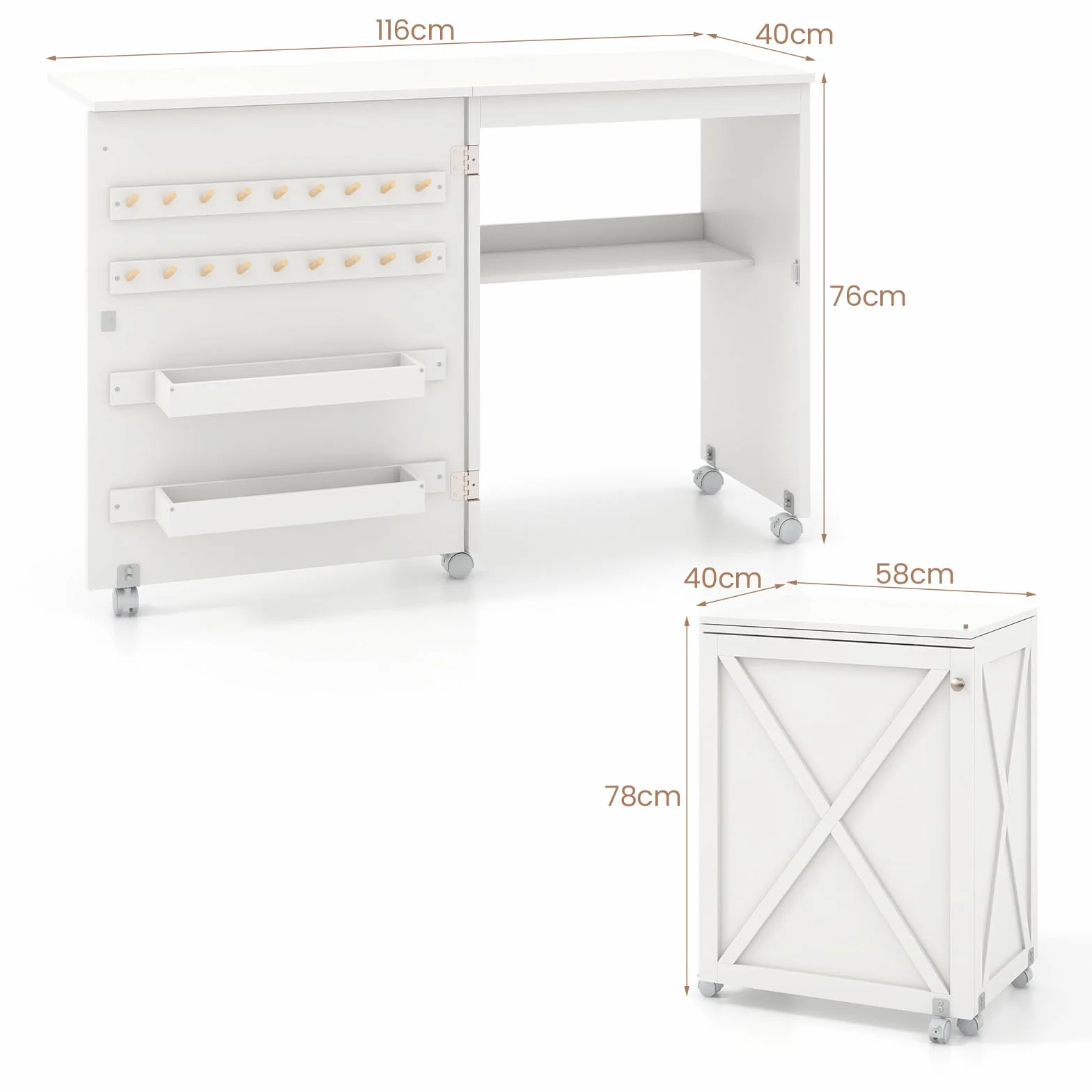LIFEZEAL Armario de Costura, Mueble para máquina de Coser, Mesa Plegable de Costura con 5 Ruedas, 2 bandejas, 18 Ganchos para Hilo, Mesa Multifuncional de Manualidades (Blanco, 116 x 40 x 76cm)