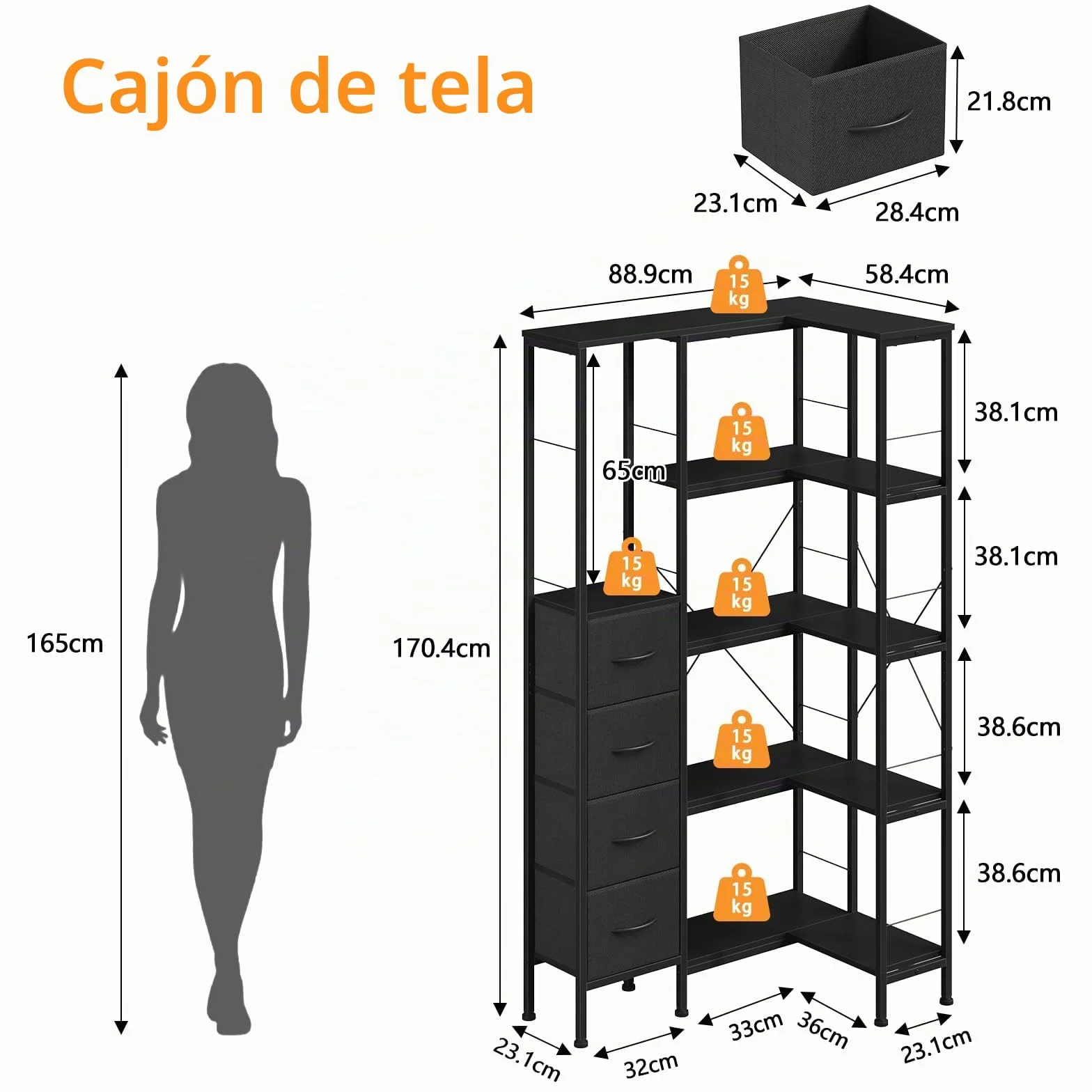 Estanteria Esquina con Iluminación LED, Estanterias Almacenaje de 5 Niveles con 4 Cajones de Tela, Estanteria Libros, Estanteria para Sala de Estar, Dormitorio, Oficina, Negro