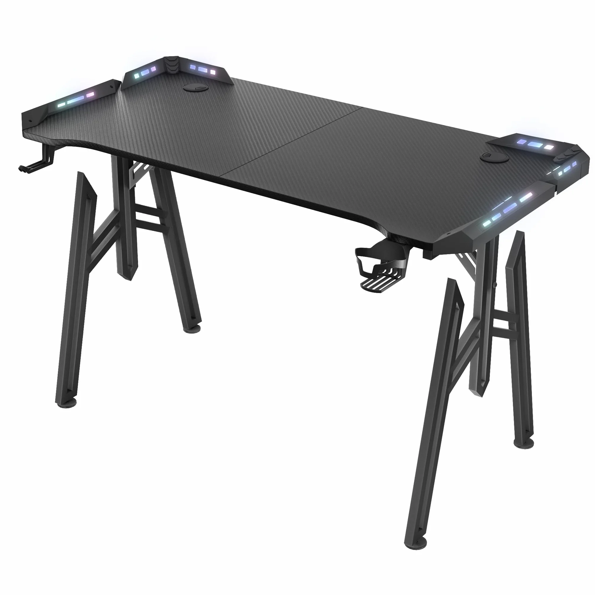 NAIZY Mesa de gaming 160 cm LED escritorio incluye soporte para auriculares, soporte para vaso de agua y orificio para cable, mesa de ordenador de fibra de carbono para PC Gamer, en marco M