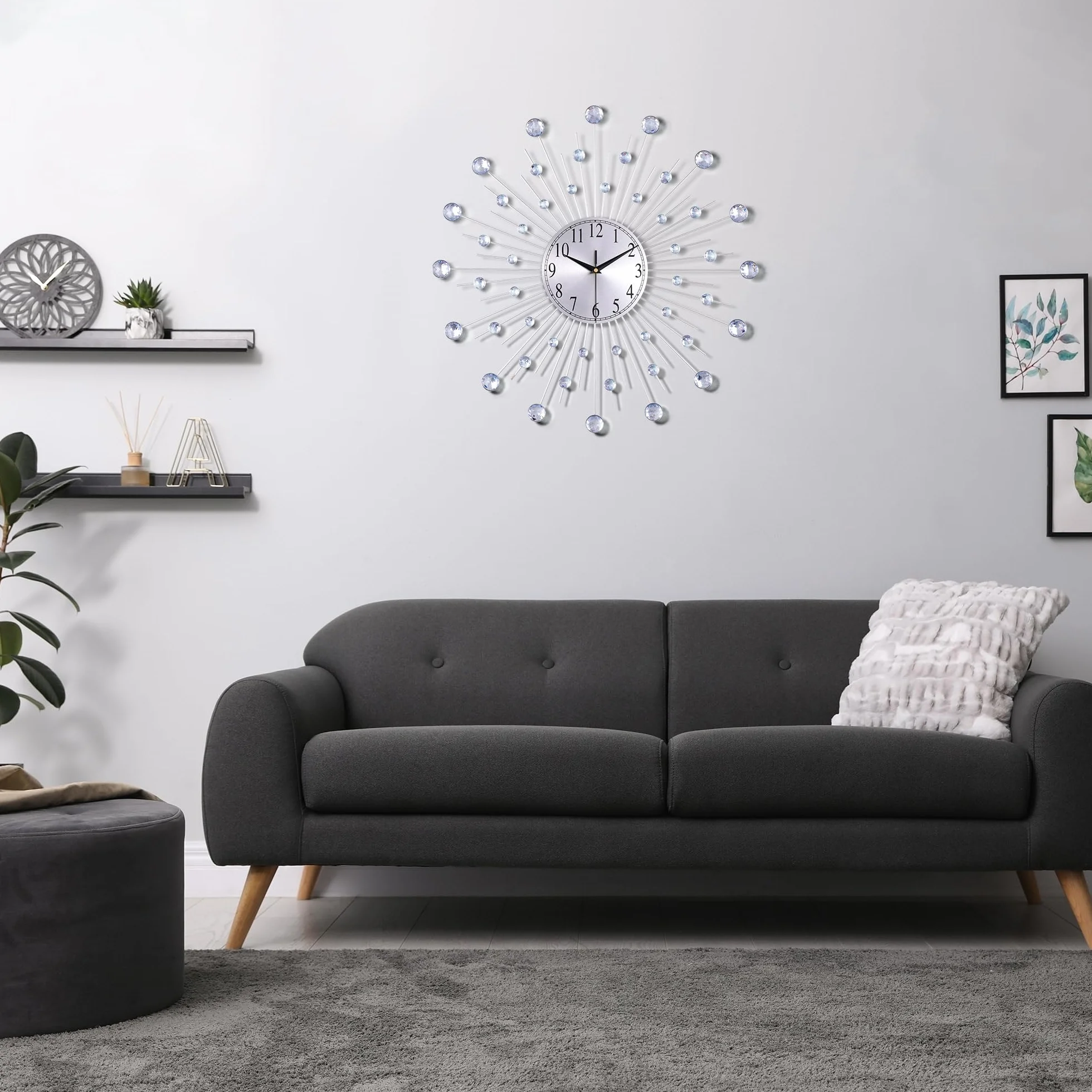 Lafocuse 56cm Reloj de Pared Estrellas de Strass Grande Salon Moderno Plateado, Silencioso Metal Decorativo Reloj Cuarzo 3D Sunburst Mid Century Creativo para Cocina Dormitorio Comedor Oficina