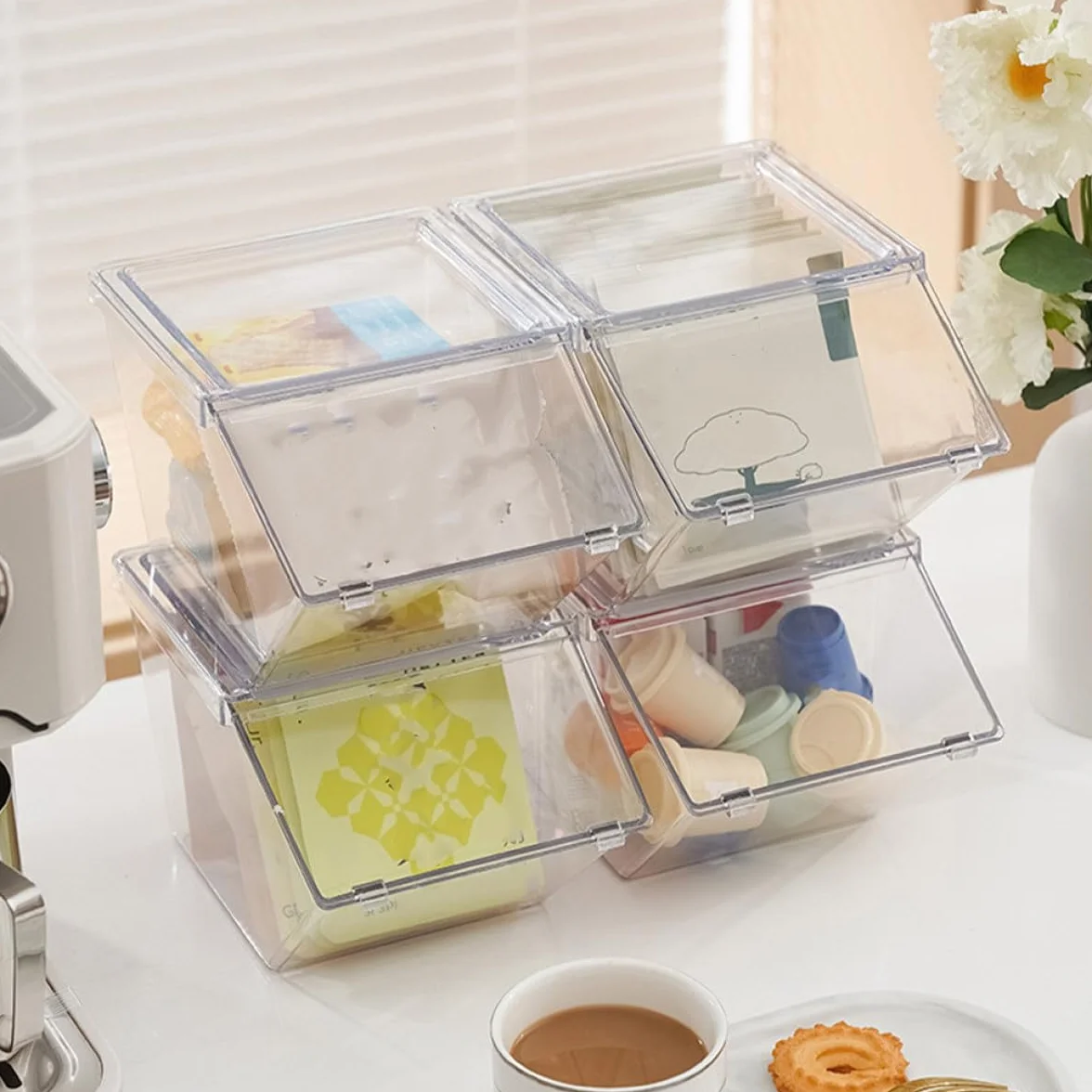 OSALADI Soporte Apilable para Bolsitas de Té y Café 4 Piezas Acrílico Tapa, Caja Organizadora de Sobremesa Grande Capacidad para Paquetes de Azúcar y Condimentos, Adecuado para Cocina
