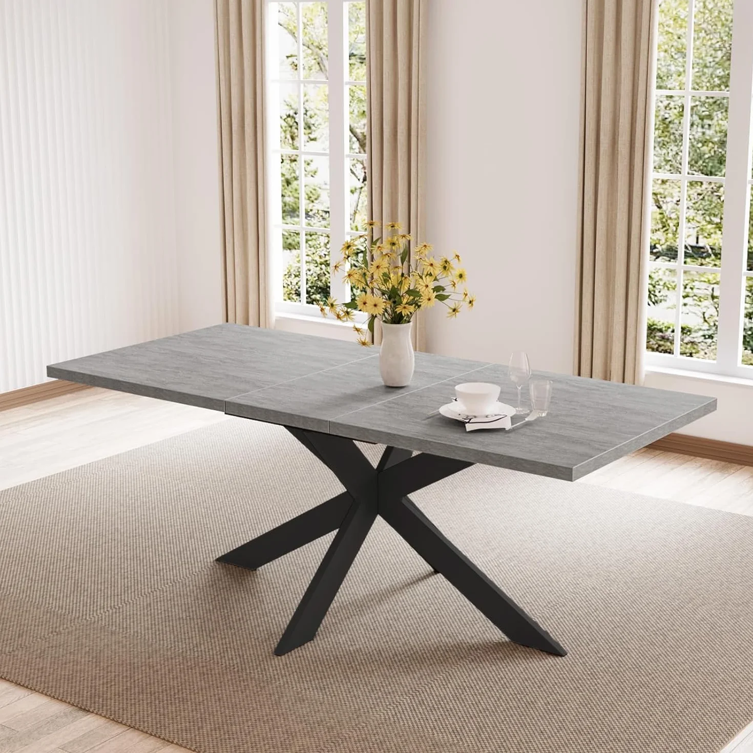JIEXI Grupos de Comedor para 4-6 Personas, Mesa de Comedor Extensible con sillas, Moderna Mesa de Madera MDF Gris, Adecuada para salón, Cocina (Mesa de Comedor de 130-170 cm)