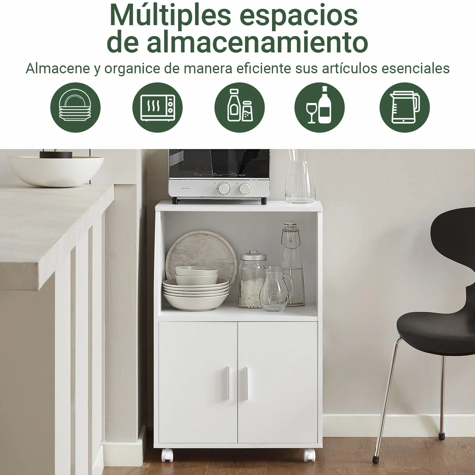 SoBuy Carrito Cocina Blanco con Ruedas – Mueble Auxiliar con Puertas y Estante Ajustable – Carro de Cocina Compacto para Almacenaje en Oficina o Comedor, 92x59x40cm FRG241-W