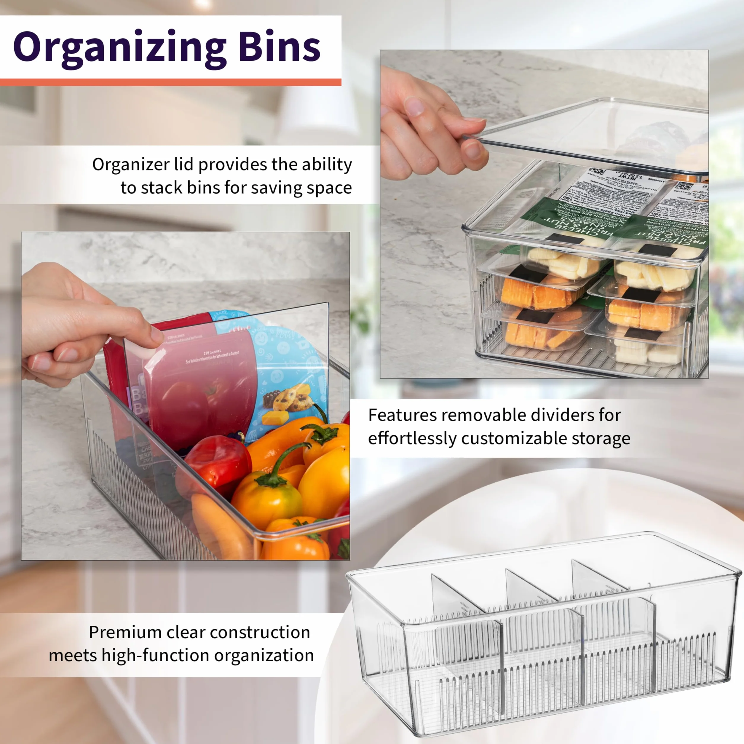 ClearSpace Contenedores de almacenamiento y organización de despensa de plástico con separadores y tapas, organización perfecta de cocina o almacenamiento de cocina, organizador de refrigerador,
