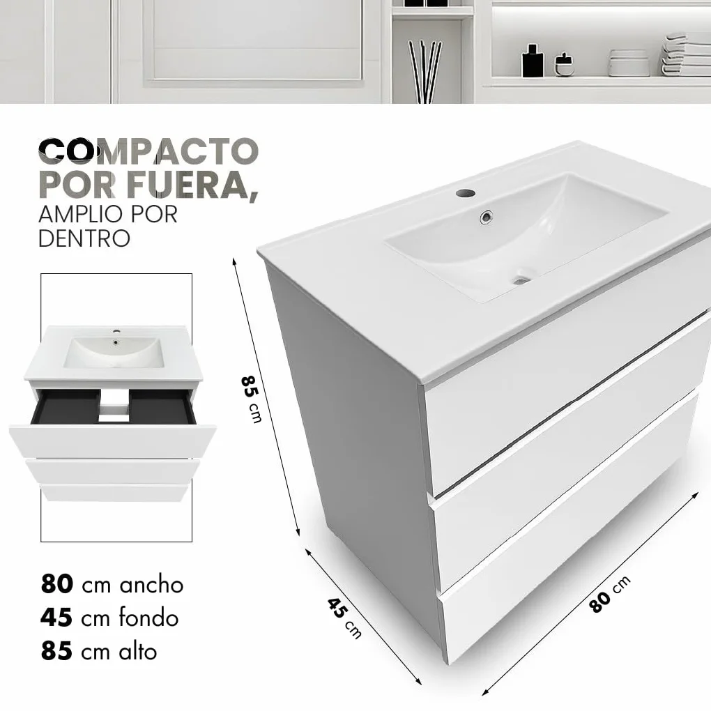 Mueble Baño con Lavabo 80 cm Compacto Preinstalado con Pie de Porcelana