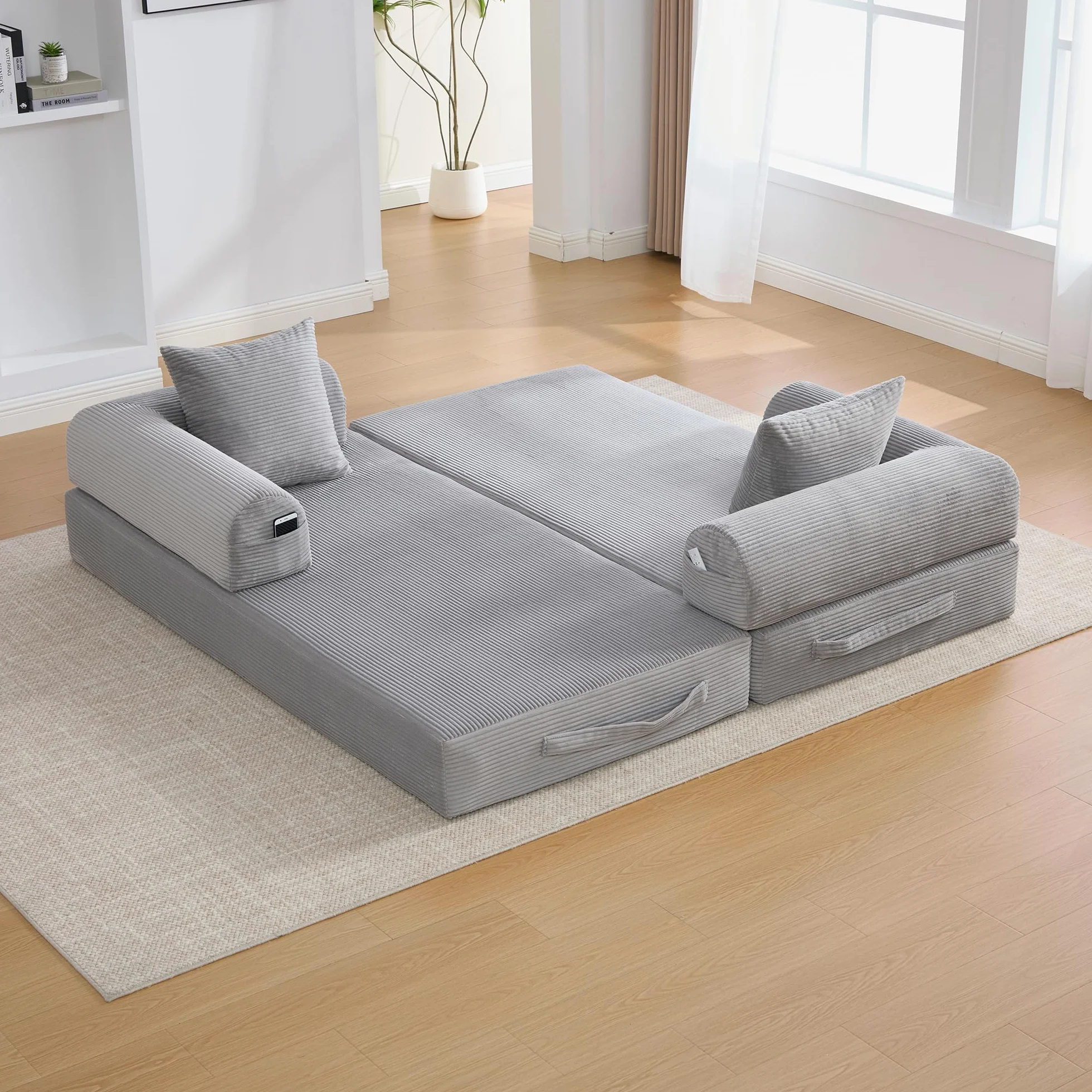 Sapgaks - Sofá convertible de 3 plazas con estructura de metal resistente, bolsillos laterales y 3 cojines, sofá modular de pana, se puede combinar libremente, sofá cama, gris claro