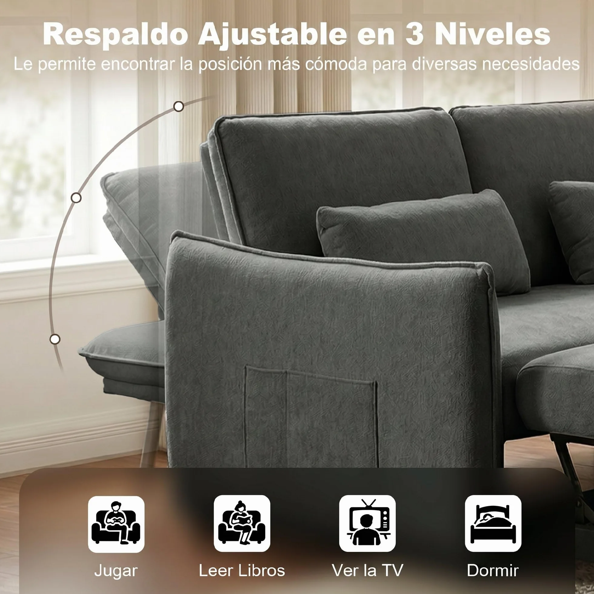 HOMCOM Sofá Cama 2 Plazas 3 en 1, Sofá Cama de Chenilla con Mesa Auxiliar, Portavasos, Respaldo Ajustable, Bolsillos Laterales, 2 Almohadas para Sala de Estar, Espacios Pequeños, Gris Oscuro