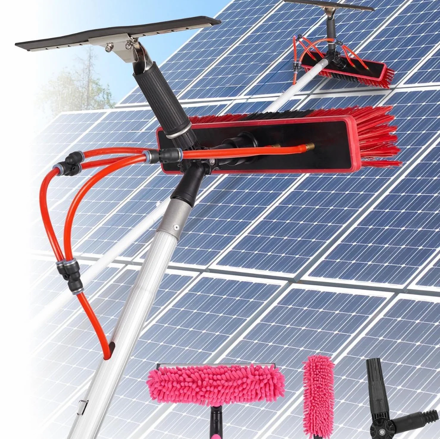 Herramienta de limpieza de panel solar con cepillo – Telescópico – Lavado de agua – Kit de cepillo alargado para panel solar fotovoltaico tejados invernaderos y ventanas,9M