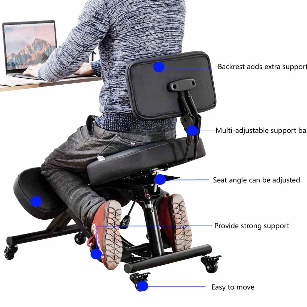 Silla de equilibrio con respaldo, silla de rodilla con ruedas, mejora de la postura del asiento con altura y ángulo ajustables, YDM-1458-2DF