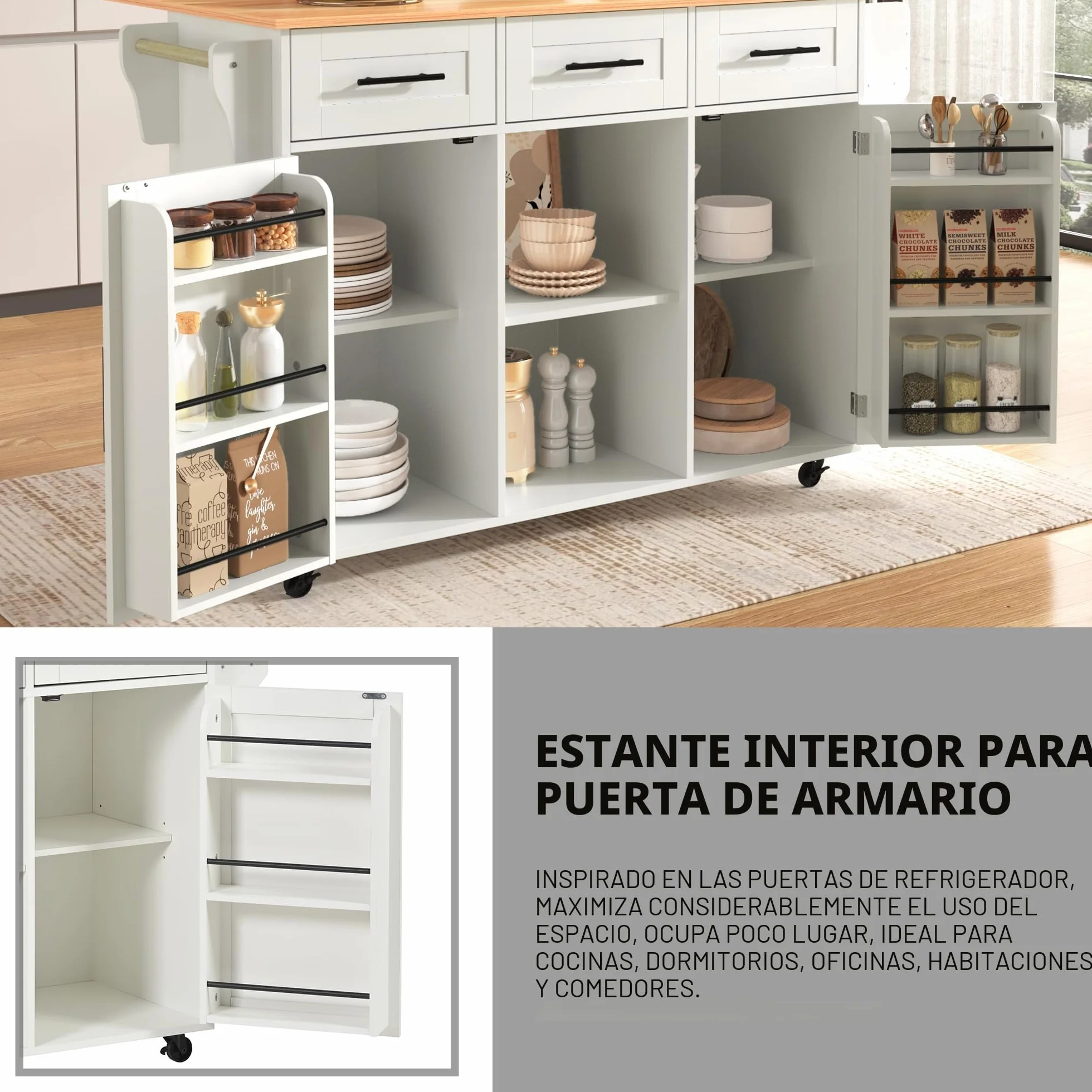 Isla de cocina con superficie de trabajo abatible, isla de cocina móvil con carro de servir sobre ruedas con 3 cajones/2 compartimento cerrado/patas intercambiables de madera maciza, 129x46(71