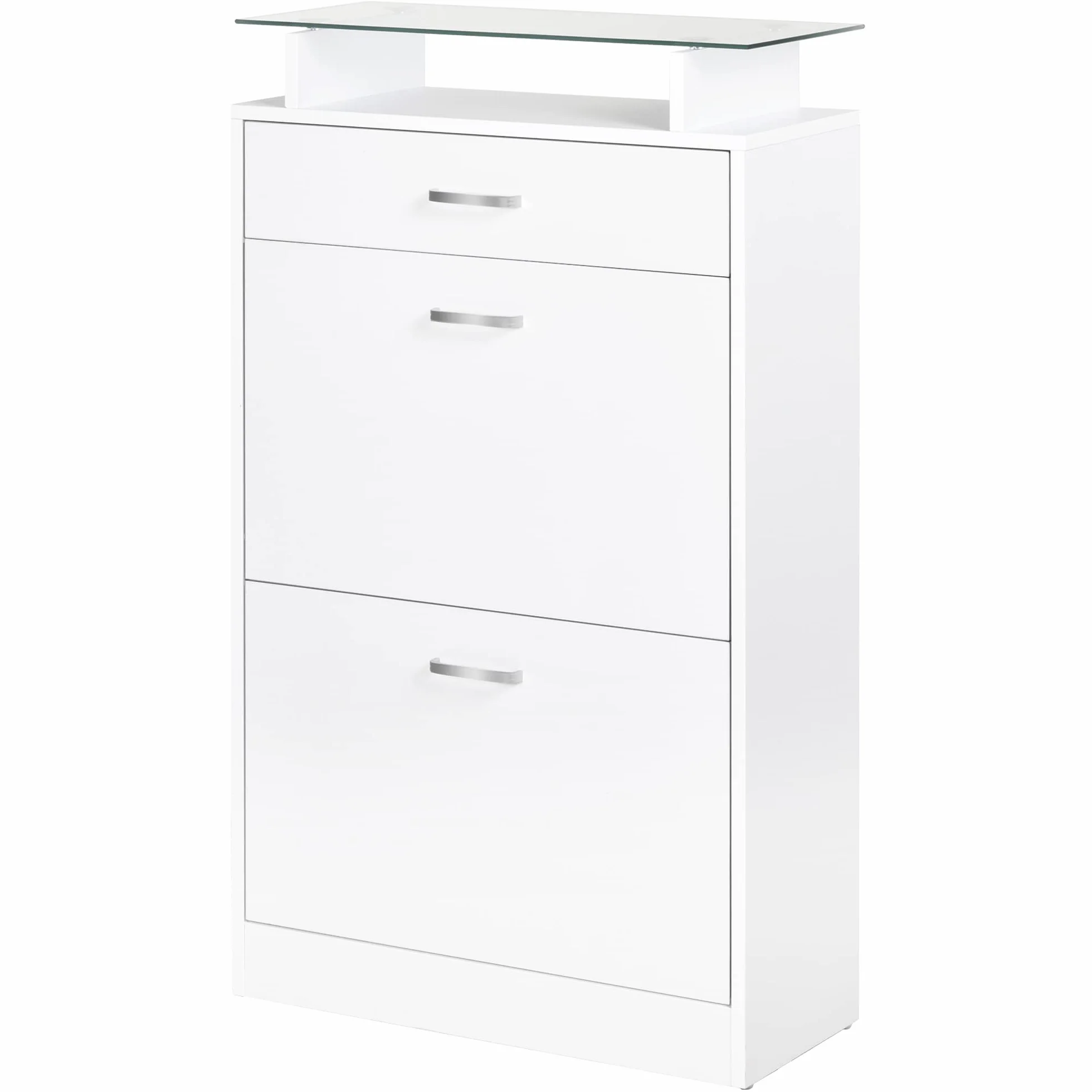 HOMCOM Mueble Zapatero Armario Zapatero con 3 Cajones Estante de Vidrio y Asa de Aluminio para Pasillo Entrada Carga 50 kg 60x24x105,5 cm Blanco