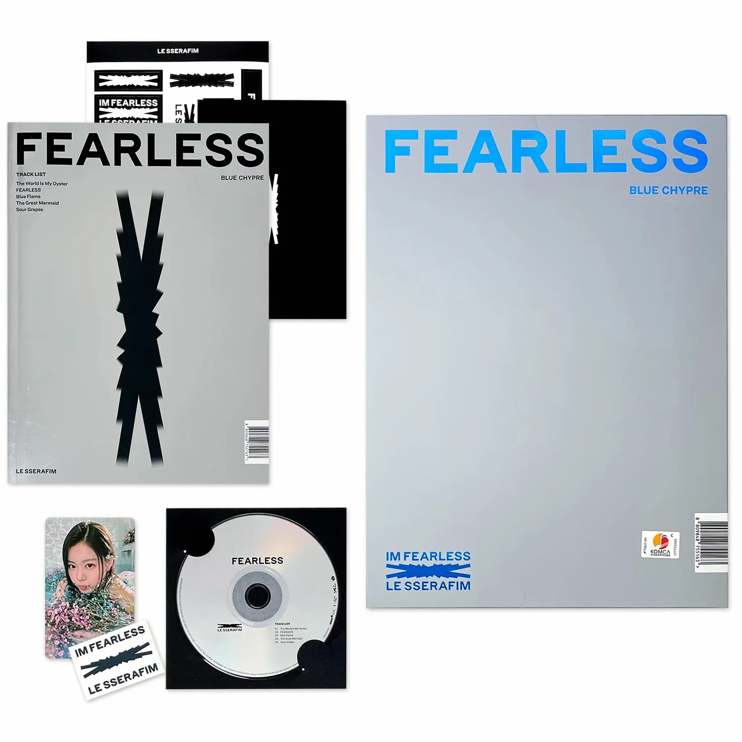 LE SSERAFIM - 1st Mini Album [FEARLESS] (VoL.2 BLUE CHYPRE ver.) Booklet + CD + Photocard + Postcard + Sticker + Transfer Paper + 2 Pin Button Badges + 4 Extra Photocards
