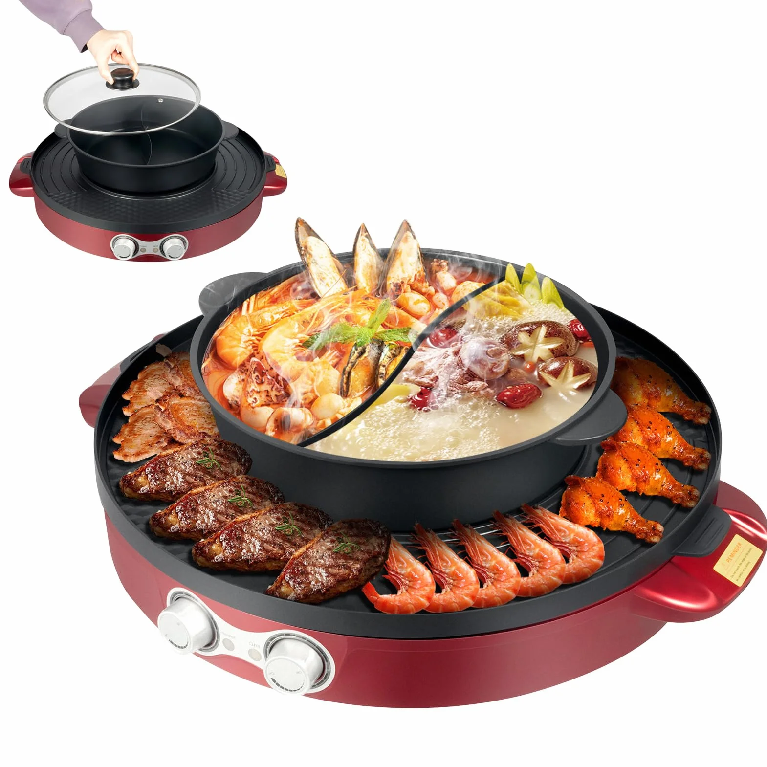 Cacerola eléctrica de 2200 W, multifunción, 2 lados, antiadherente, barbacoa de mesa, sartén dividida 2 en 1, para 2 a 8 personas, color rojo