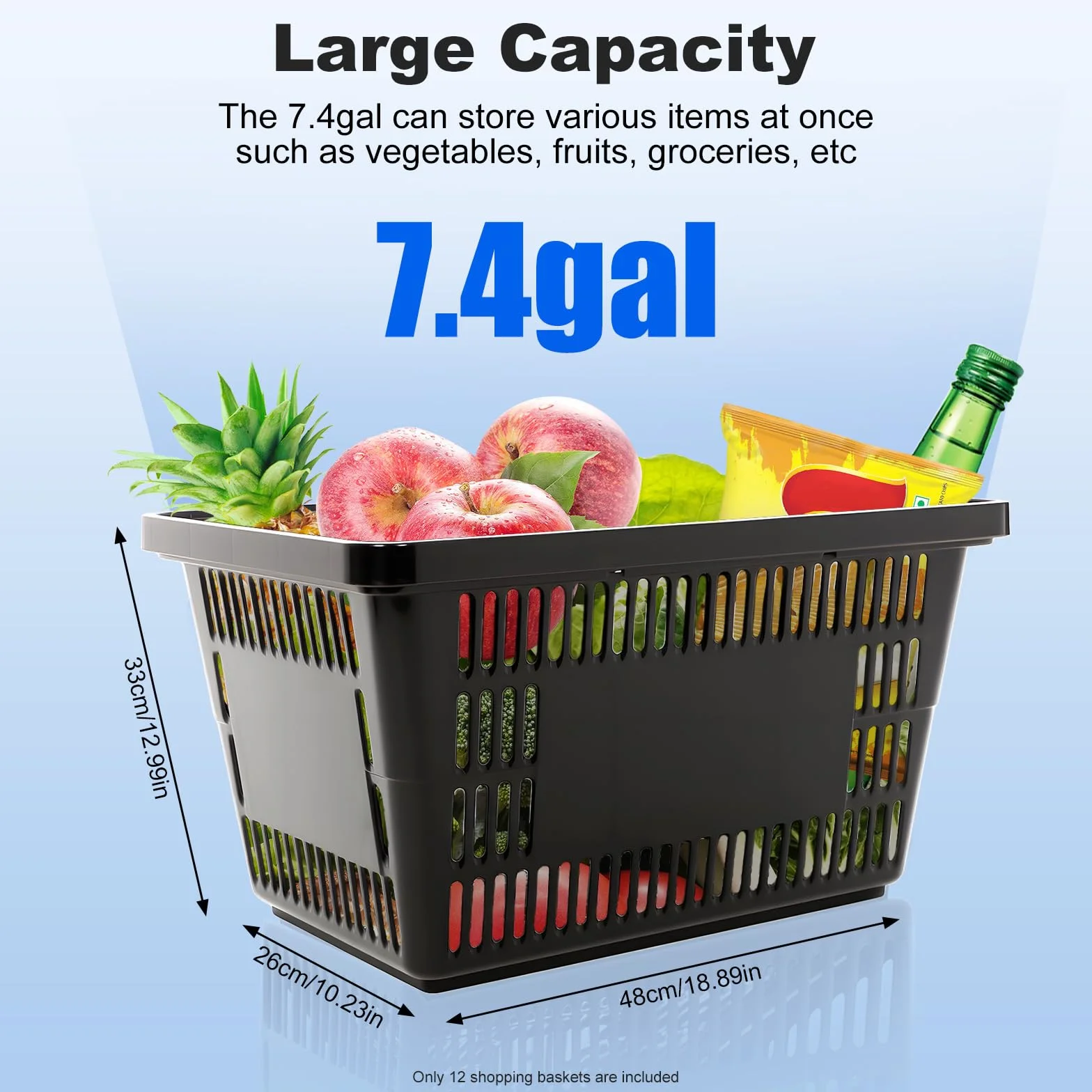 Lote de 12 cestas de plástico PP 28L capacidad 10 Kg, apilables rectangulares, negro, cestas de compras con asas para supermercado, tienda, transporte, verduras, frutas y juguetes resistentes
