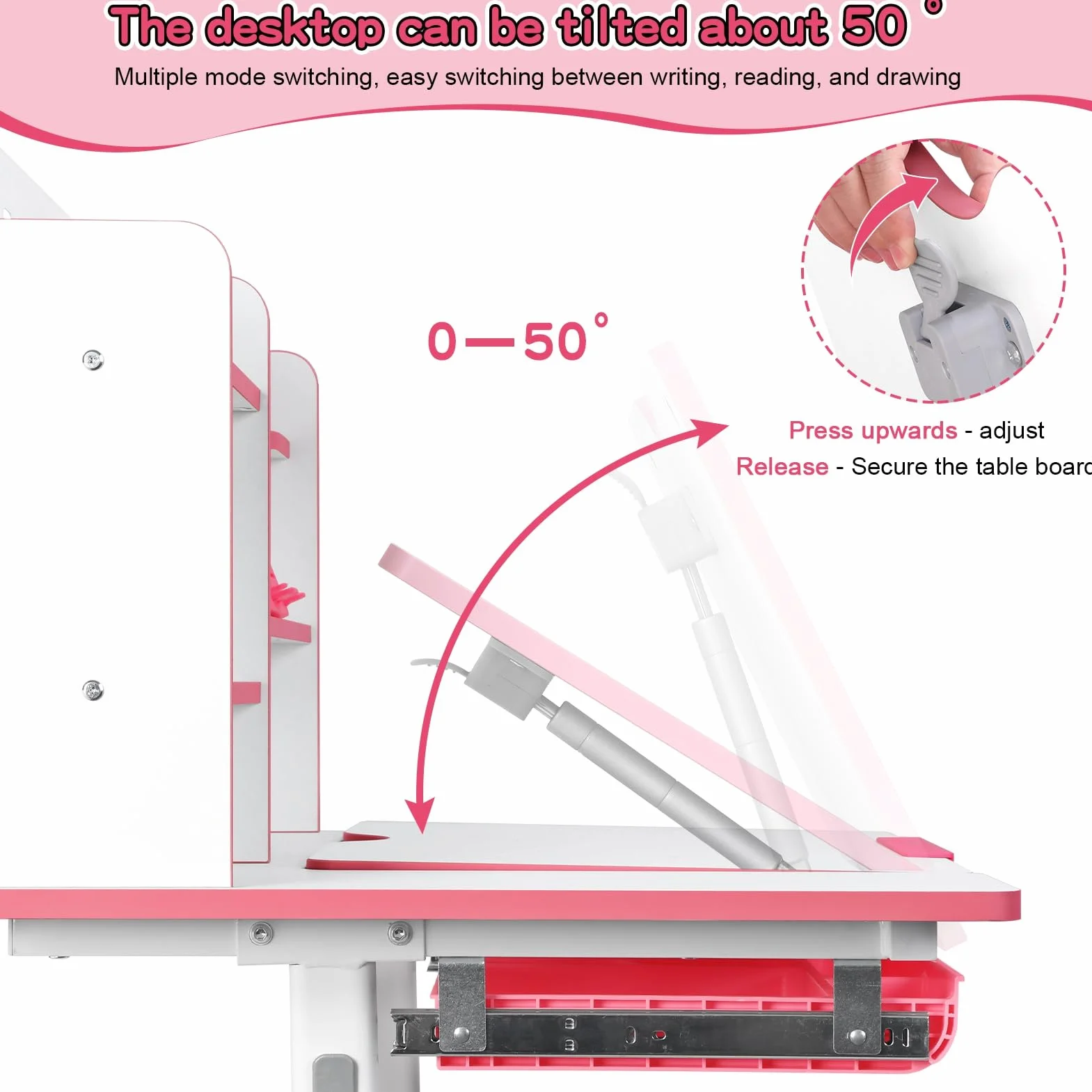 Juego de escritorio y silla de estudio para niños, altura ajustable, silla de mesa de estudio para niños, escritorio escolar con mesa ampliada inclinable, cajones de almacenamiento grandes, estantería
