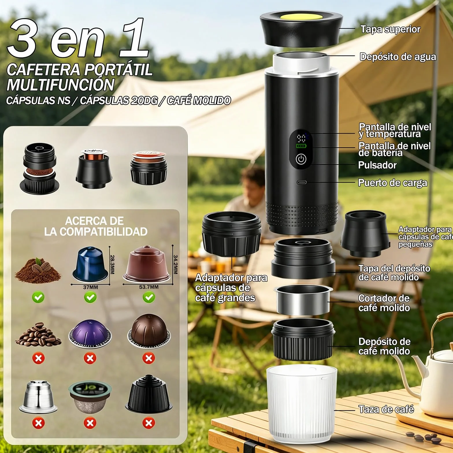 Nueva Cafetera de café espresso 3en1, para coche u oficina,Ideal para viaje | 20 bares, con pantalla LED,Máquina de café 80 ml compatible con cápsulas y café molido,Große Kaffeepulverschale (16 g)