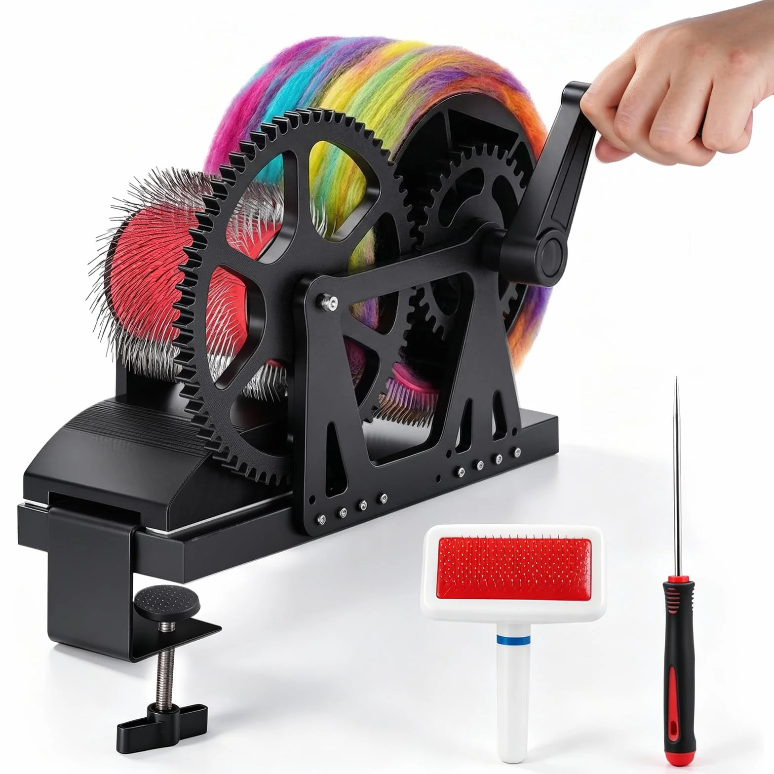 YUCHENGTECH Máquina de cardado manual de lana, máquina cardadora de fibra con manivela de mano, elimina impurezas de fibra, mezcla rápida de colores, rueda de mezcla de lana para peinar mezcla