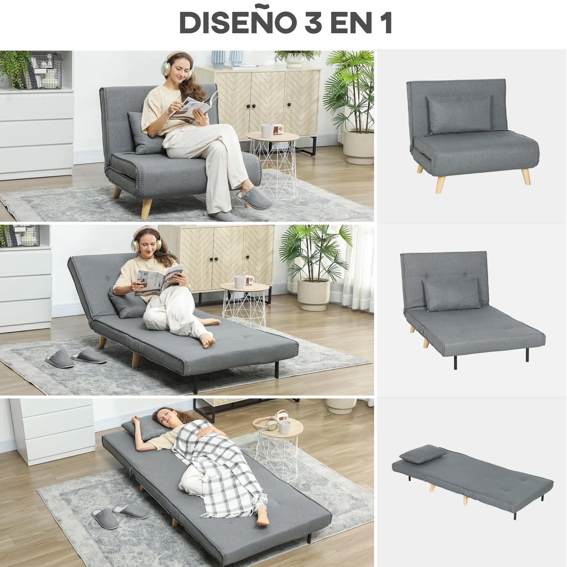 HOMCOM Sofá Cama de 1 Plaza 3 en 1, Sillón Cama Plegable Tapizado en Lino Sintético, con Respaldo Ajustable en 6 Niveles, Almohada, Asiento Ancho, Patas de Madera, 90x78x79 cm, Gris