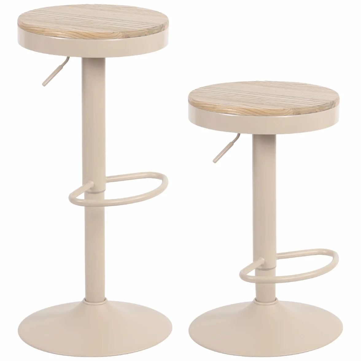 YOUNIKE Taburete de Bar Juego de 2 Taburetes de Bar de Madera Silla de Bar Alta Estructura Metálica Giratoria 360° con Reposapiés Industrial Caqui