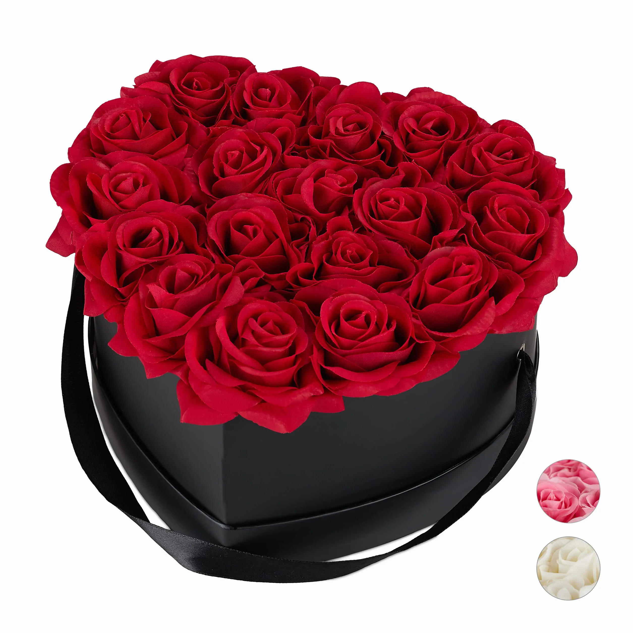 Relaxdays Caja Rosas Artificiales Corazón, 18 Flores, Cajita Negra, Duran hasta 10 Años, Idea Regalo, Decorativa, Rojo