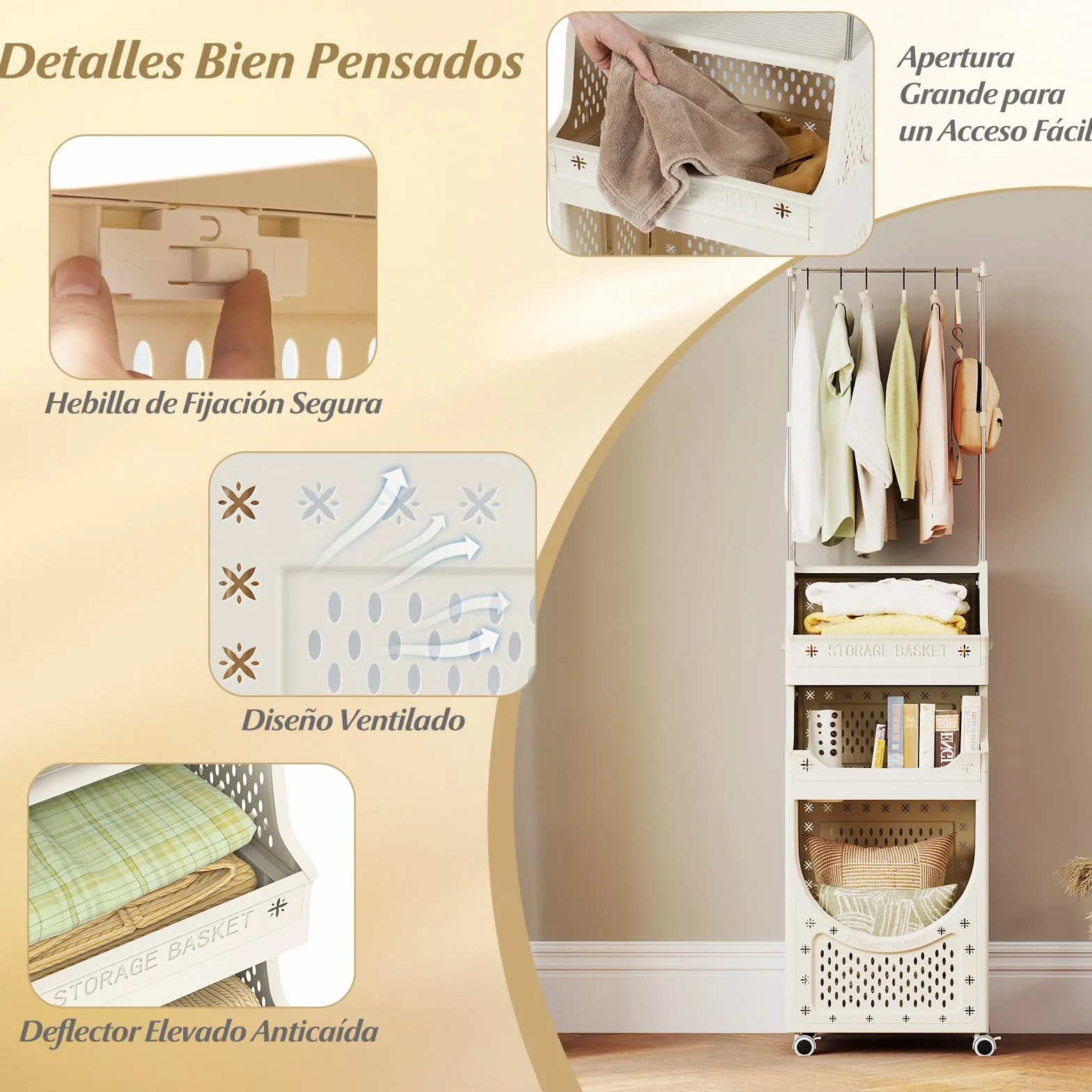 GIANTEX Cesto Ropa Sucia con Ruedas, Cesta de Lavandería Plegable con Copartimentos Abiertos, 6 Ganchos, Carrito de Almacenamiento para Baño, Dormitorio (81 L+Barra)