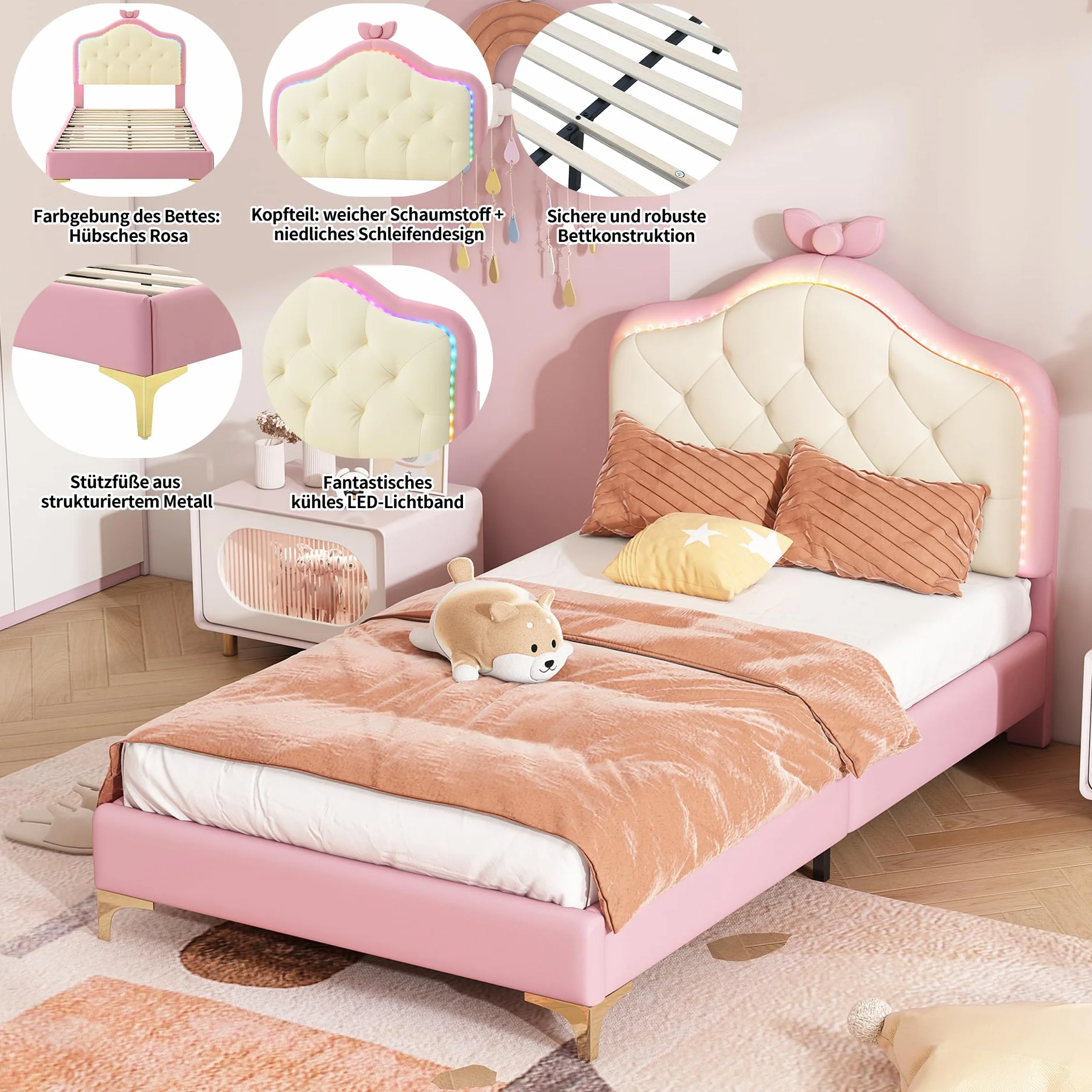 Cama tapizada mágica de princesa: rosa y blanco, 90 x 200 cm, cabecero con forma de nube con lazo y tiras LED, piel sintética, cama individual para niñas, ideal para habitación infantil con somier de