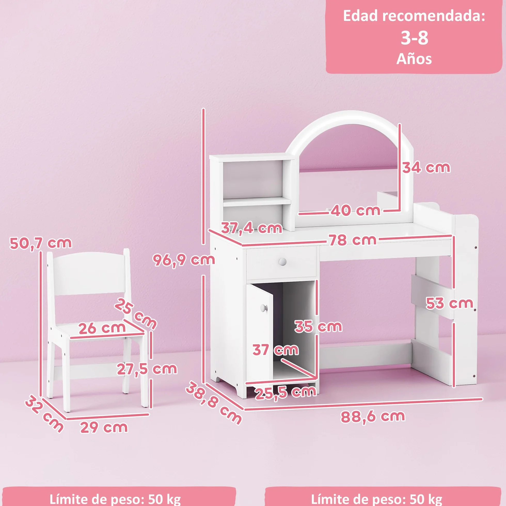 AIYAPLAY Tocador de Maquillaje Niña Infantil con Taburete, Espejo LED, Cajón y Estantes, Blanco