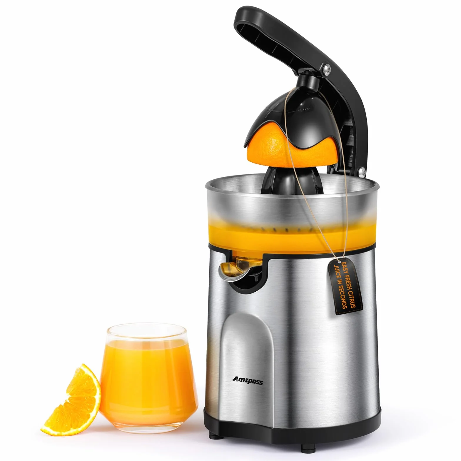 Exprimidor eléctrico de naranja, exprimidor de cítricos con 2 conos intercambiables, máquina exprimidor eléctrico de 160 W con cuerpo de acero inoxidable y colector de jugo transparente para