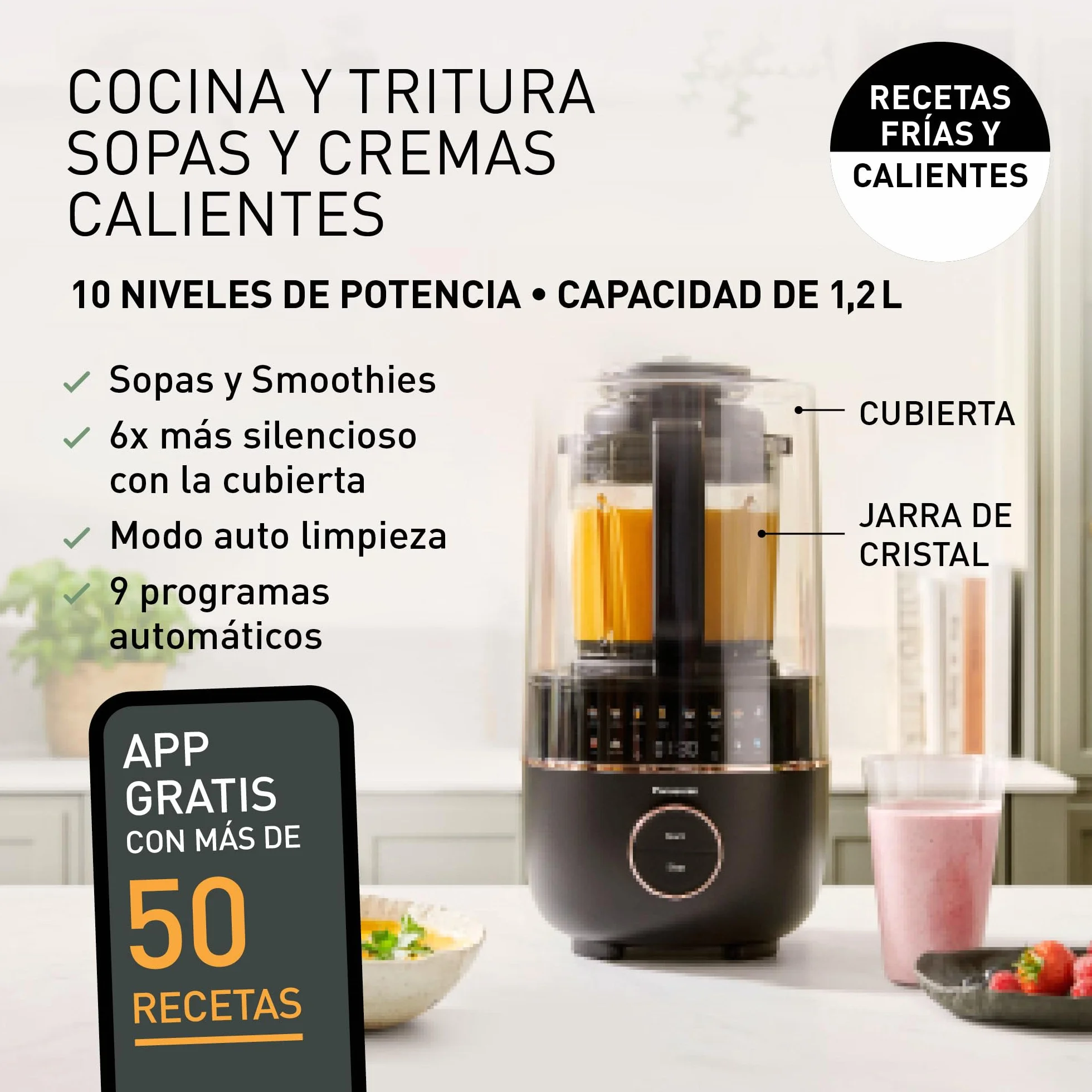 Panasonic MX-HG4401KXE Licuadora y Maquina para Sopa 1.2L 800W 9 Modos Automaticos 10 Velocidades Negro
