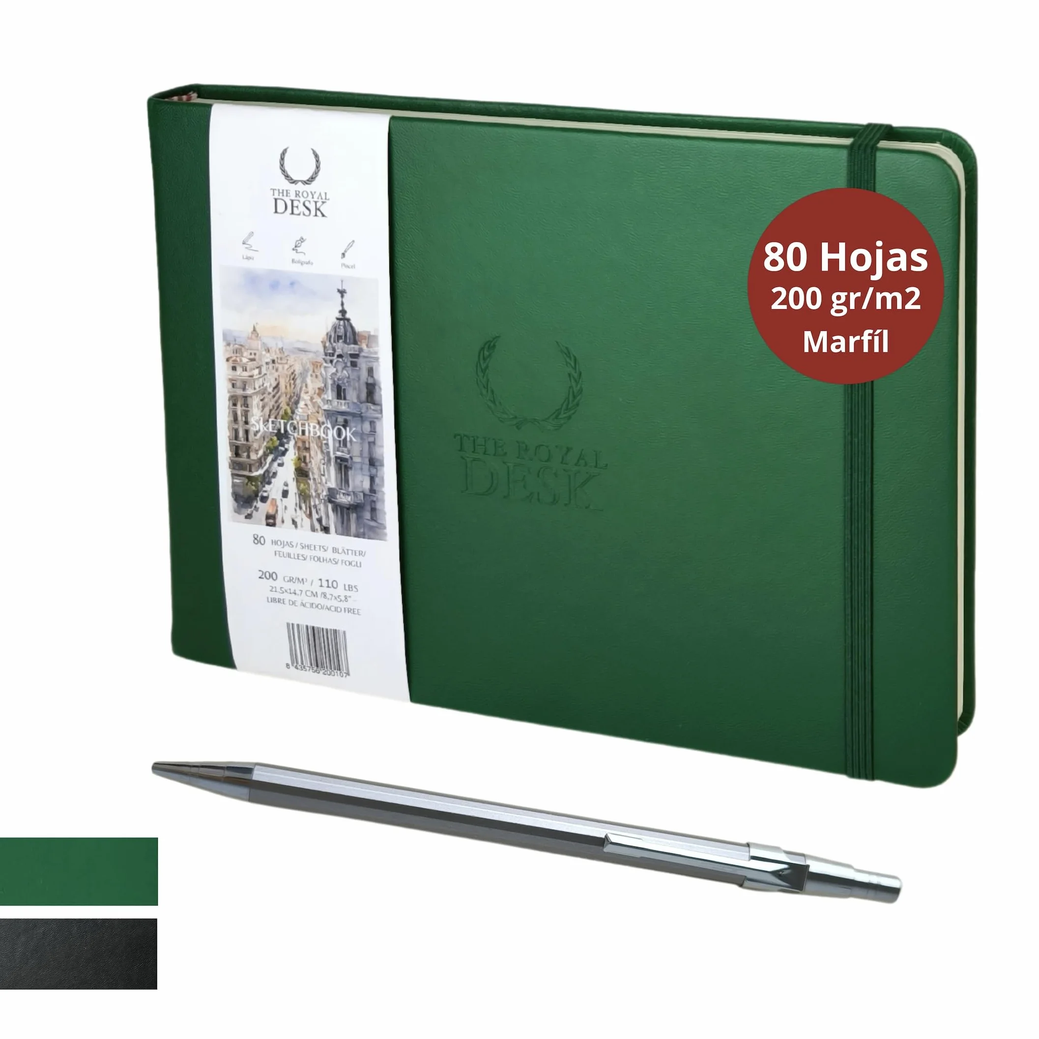 Cuaderno de dibujo profesional tapa dura 80 hojas 200 g/m² Sketchbook Artistic Green