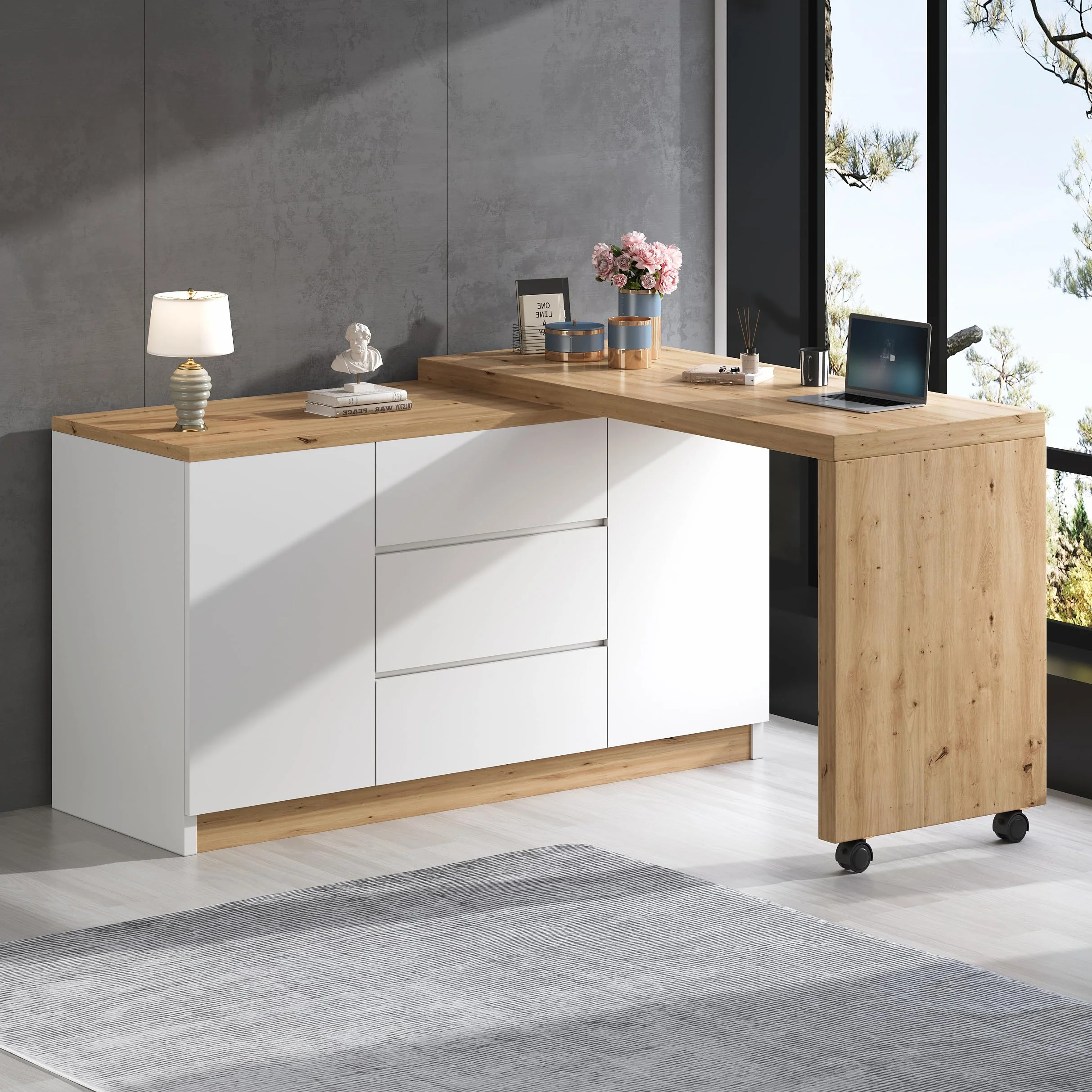 Lexiou Escritorio con ruedas con bloqueo, diseño multifuncional, 4 cm más grueso, mesa giratoria con bloqueo fijo, escritorio plegable, escritorio de esquina, aparador (roble + blanco)