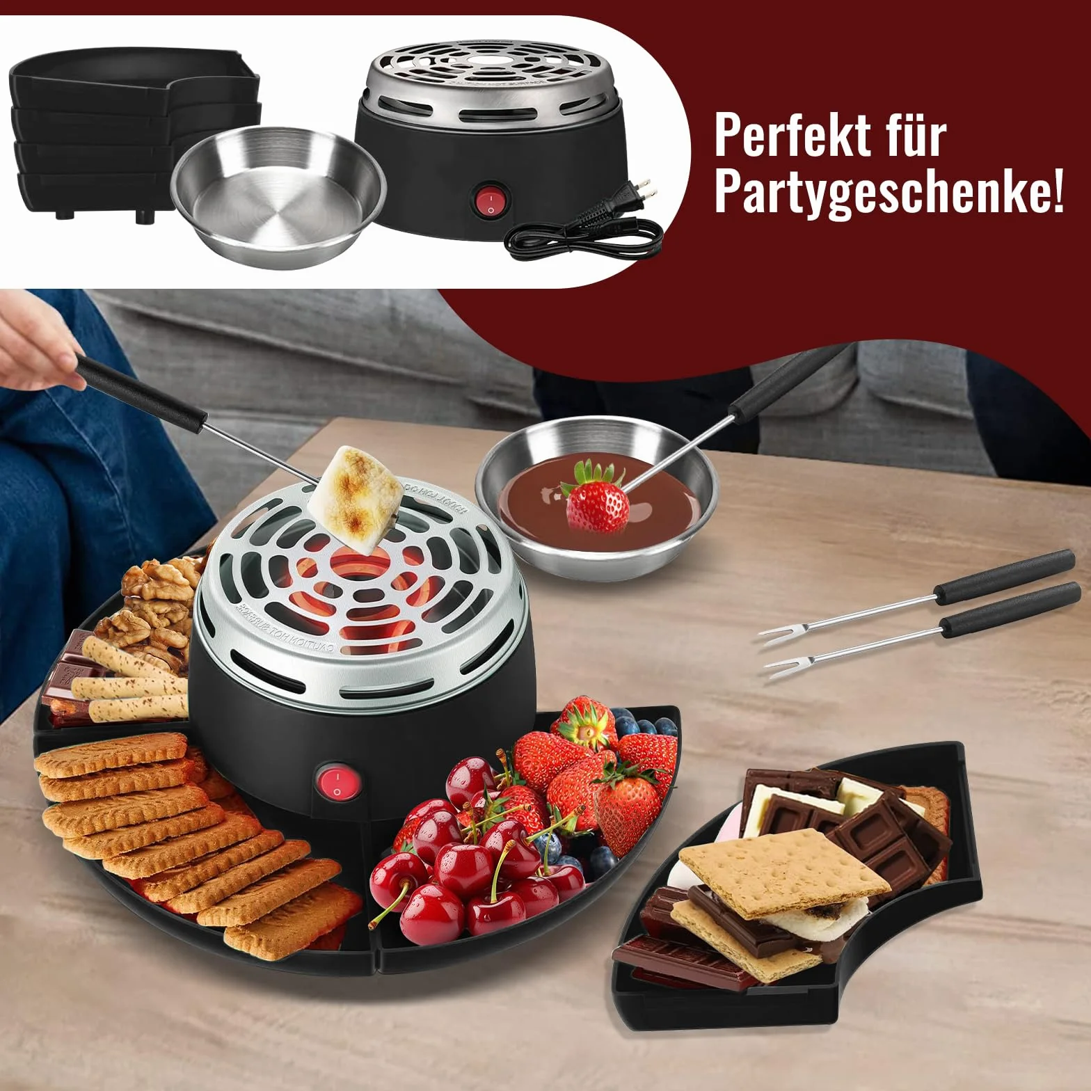 S'Mores Juego de fondue de chocolate 2 en 1 tostador eléctrico de malvavisco 280 W control de temperatura