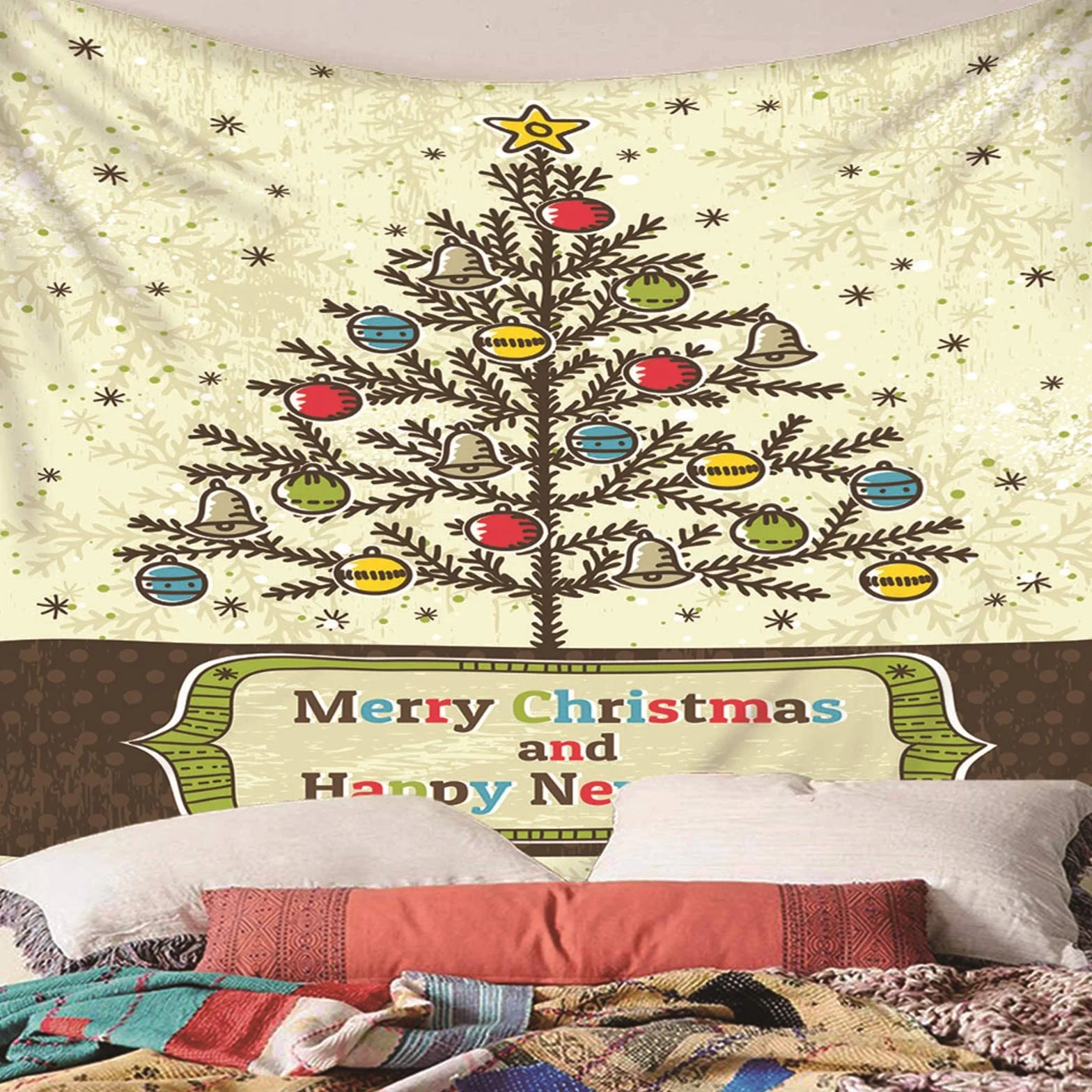 Tapiz Liso Pared, Decoracion Navidad Ventana Árbol de Navidad, Y, Campana, Copo de Nieve Beige Marrón Verde Poliéster Tapiz Pared Decoration 350X256cm