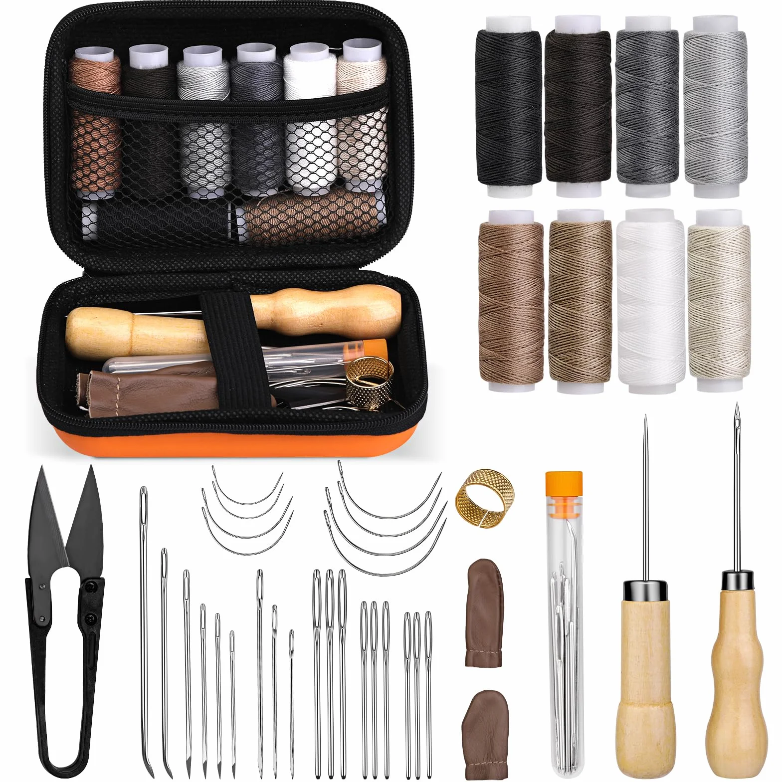 Kit de costura de cuero, kit de reparación de tapicería de costura de cuero, kit de trabajo de cuero con 8 hilos de tapicería, agujas de coser de cuero, kit de herramientas de artesanía de cuero para