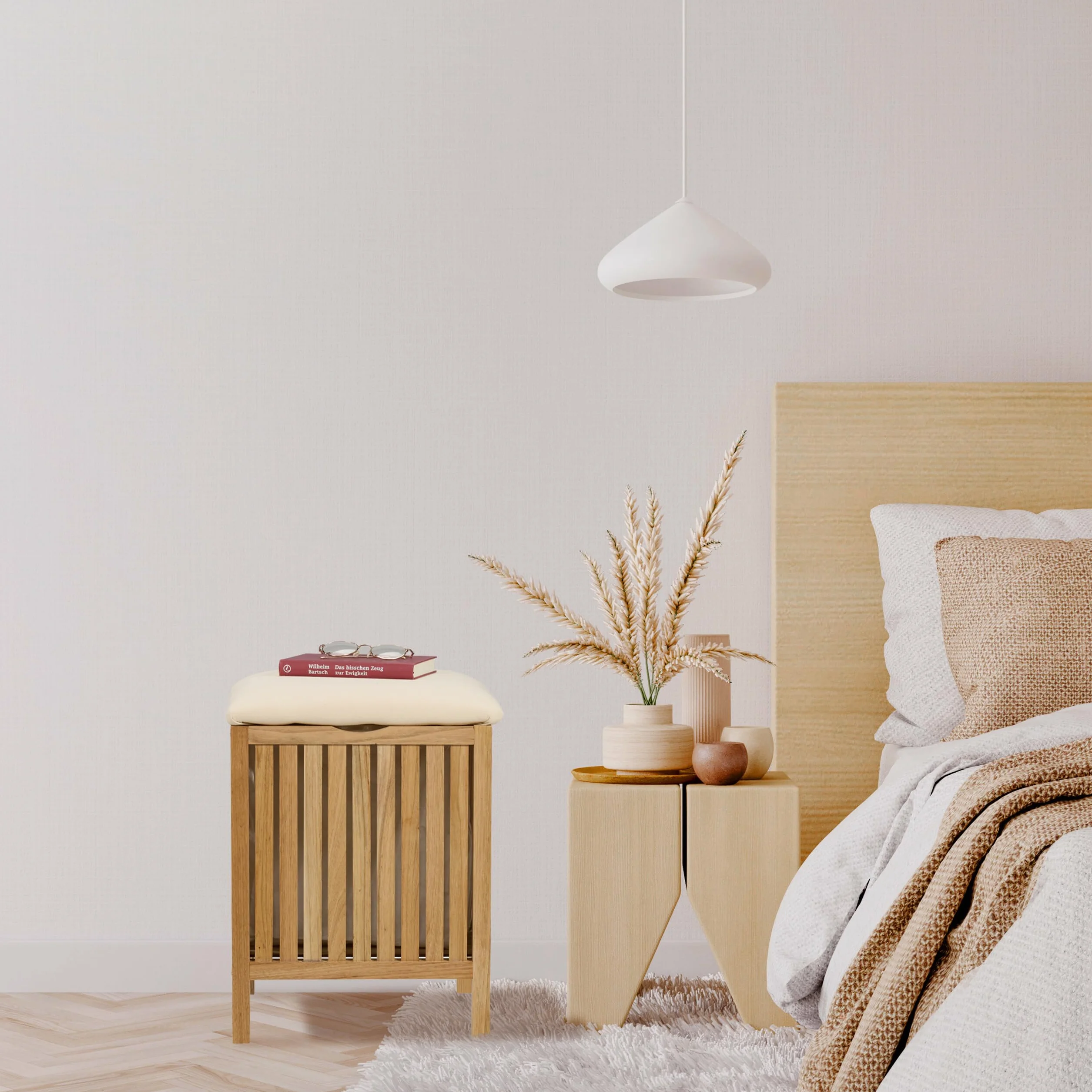 Relaxdays Cesto Ropa Sucia con Asiento, Tabuerete Almacenaje Colada, 30 L, 51 x 38 x 38 cm, Madera, Tela, Natural/Blanco