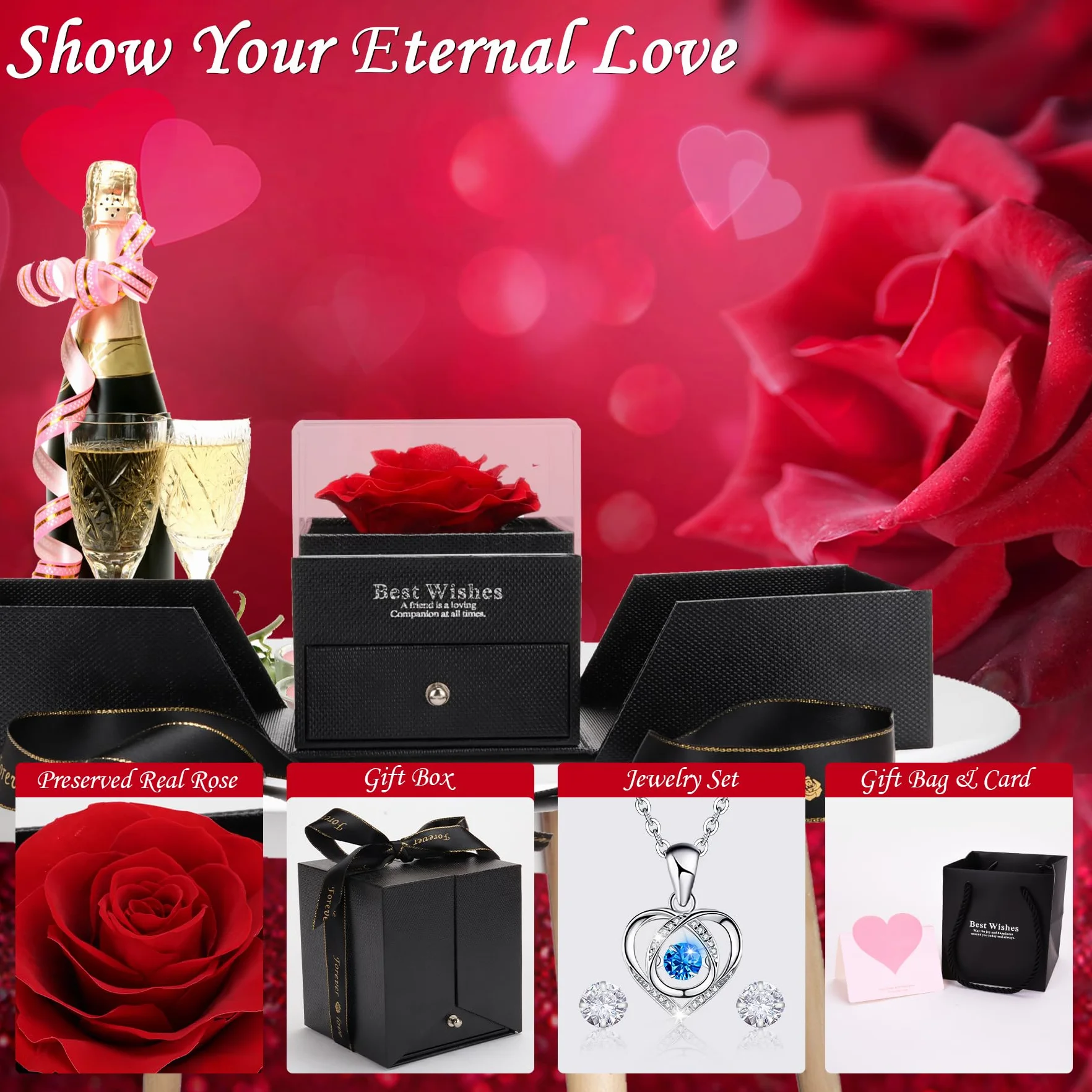 Rosa Eterna Rojo Caja de Regalo Rosa Preservada con Collar de Corazón y Aretes para Mujer