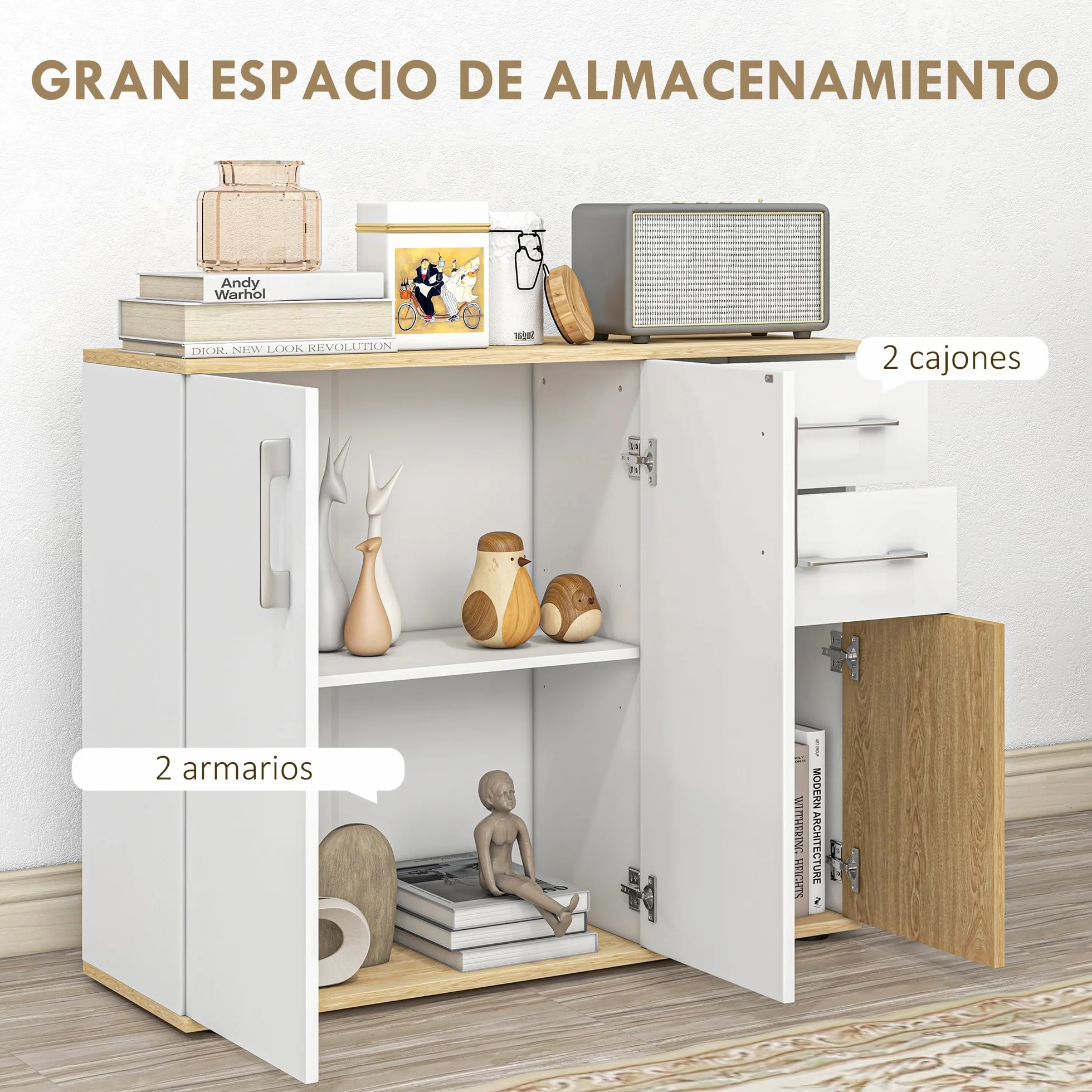 HOMCOM Aparador de Salón Moderno con 2 Cajones y 2 Armarios 90x30x75,5 cm Blanco y Natural