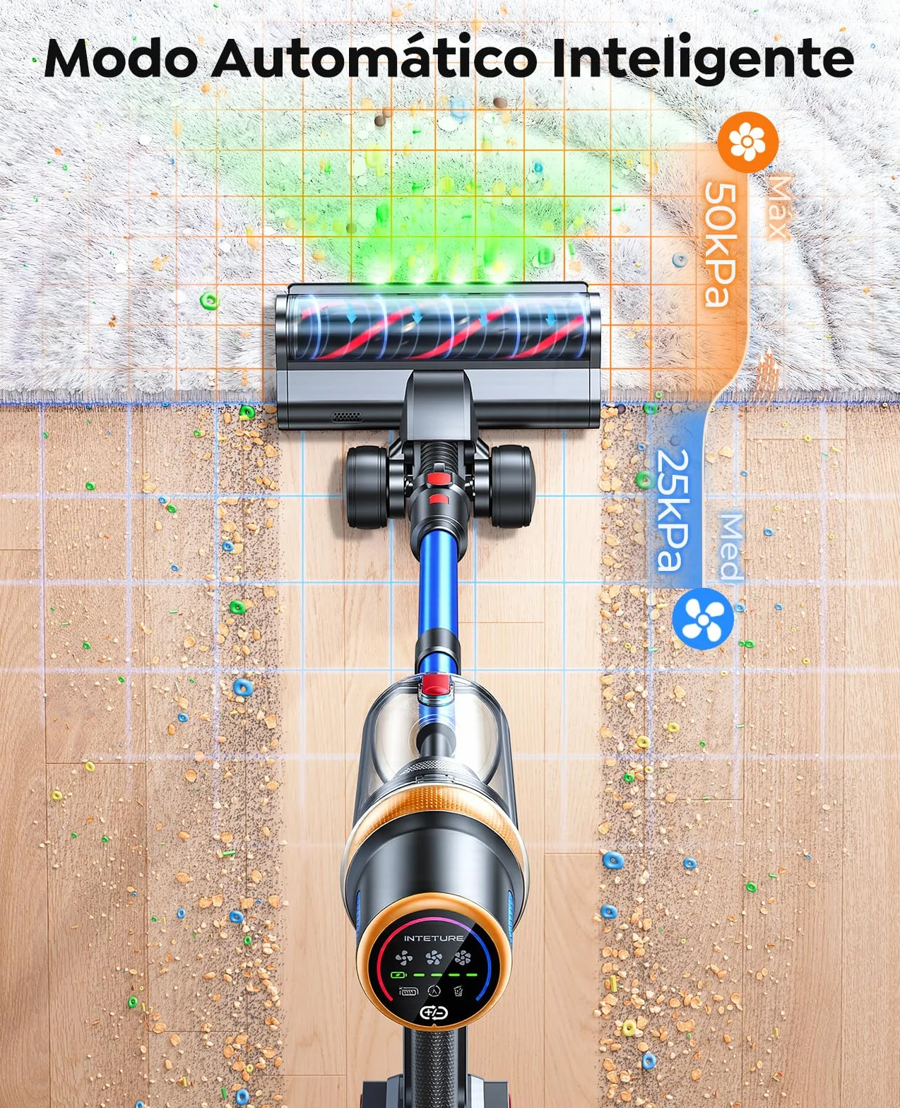600W/50KPa Aspiradora sin Cable,65 Mins Autonomía,Aspirador Escoba Vertical con Cepillo Antiácaros,Pantalla Táctil,Función Aromática,Carga en Pared,Anti-Enredos,Luz LED,Adecuado Suelos/Sofás/Mascotas