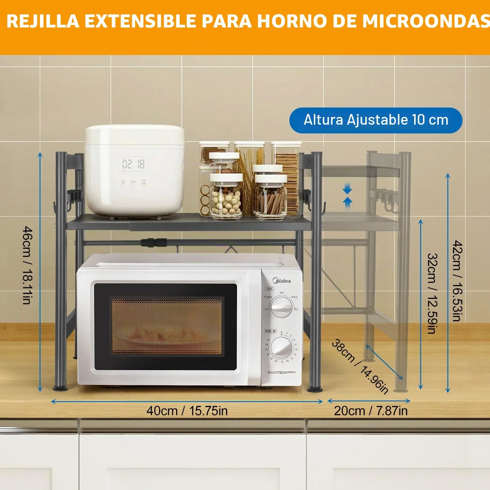 Estantería Extensible para microondas, estantería de Cocina, de pie, para microondas, de pie, Organizador de Cocina, con 6 Ganchos, Organizador para encimeras de Cocina (Gris, un-Nivel)