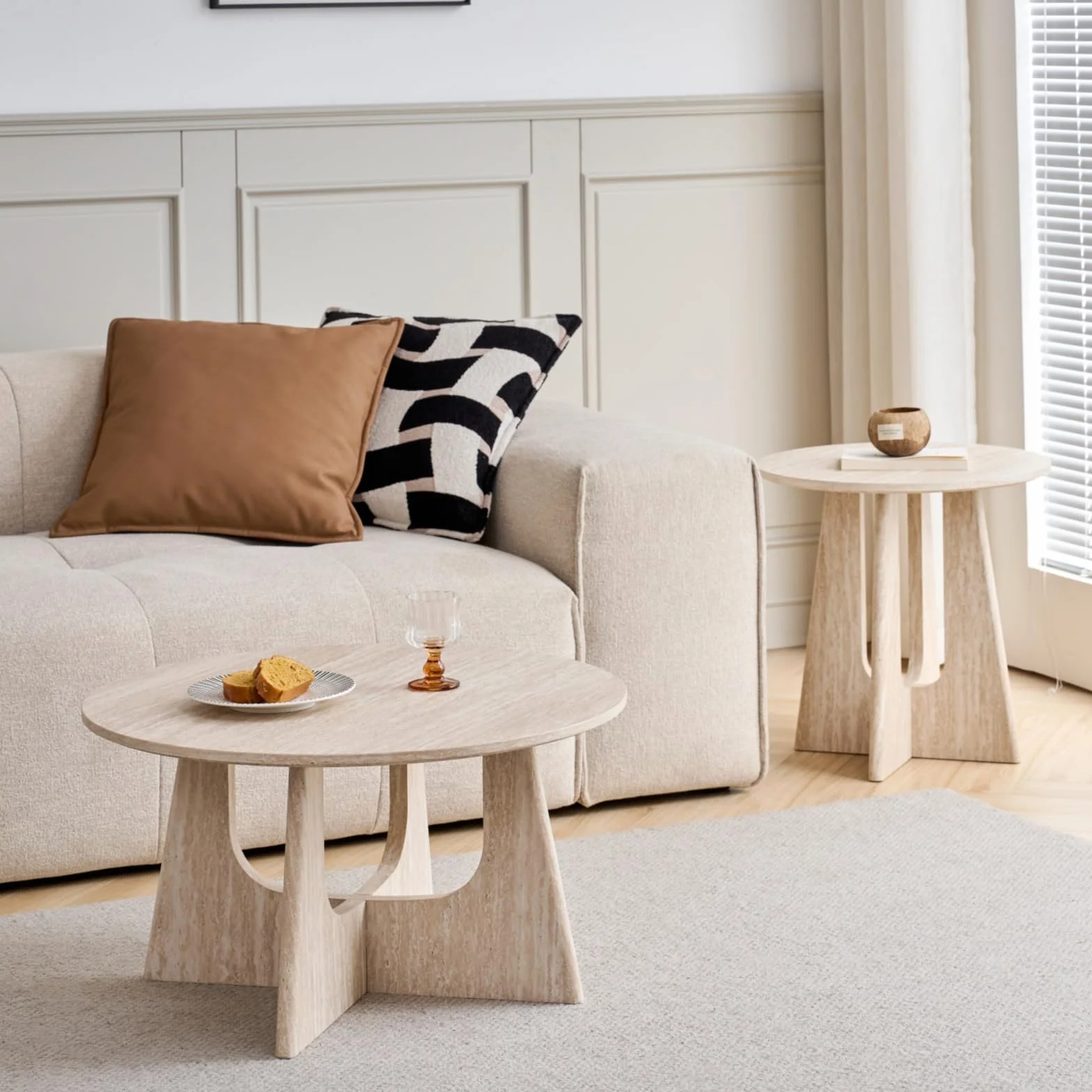 GrandCA HOME Juego de 2 Mesa de Centro Redonda, Mesa Auxiliar de Sala de Estar de Estilo Minimalista Moderno, Material de Tablero de Densidad Media, Adecuada para Sala de Estar - Beige