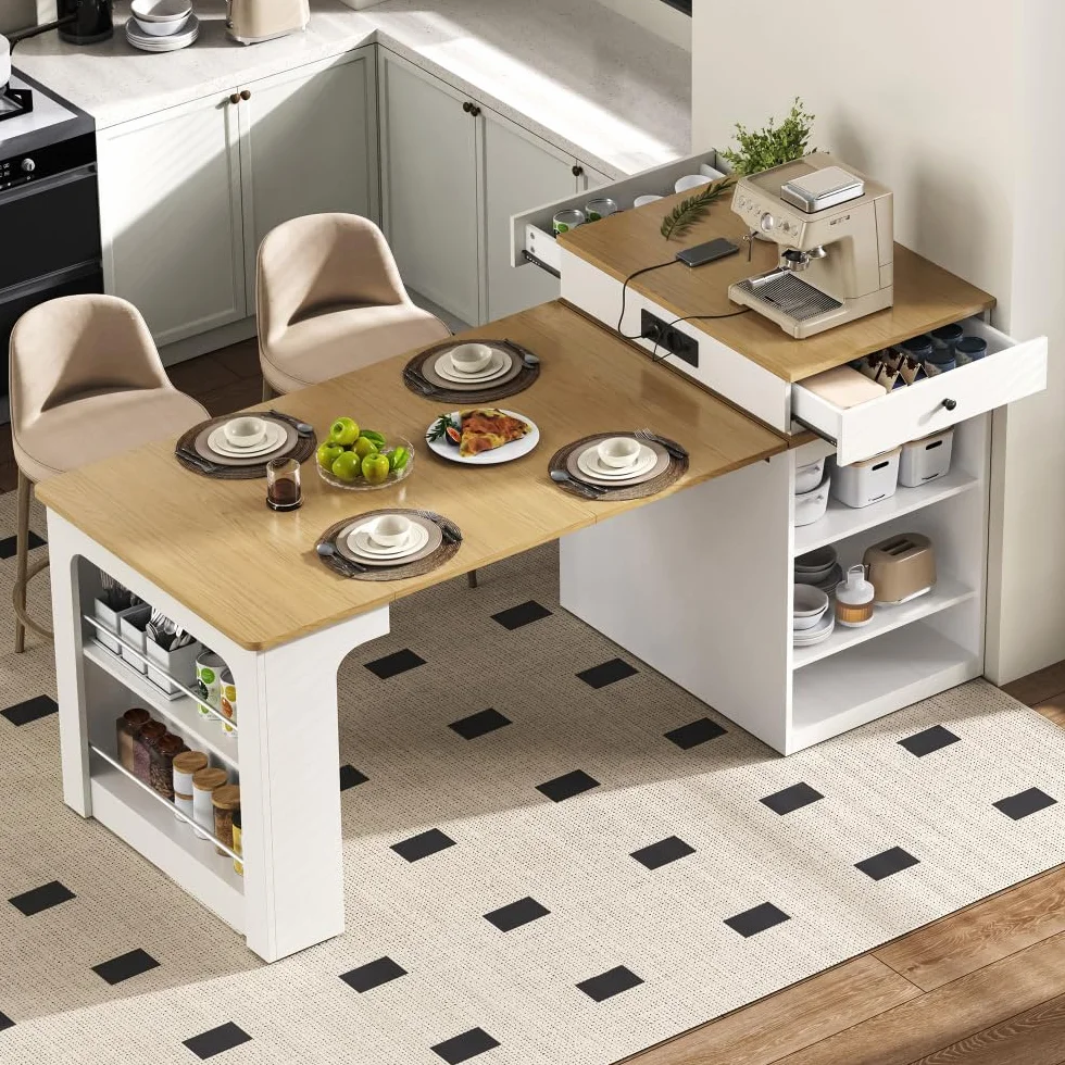 Mueble isla de cocina 71(151) x80x92 cm, mesa de comedor extensible con tablero extraíble, mesa de bar con enchufe múltiple, isla cocina sobre ruedas para comedor (A-blanco + natural)