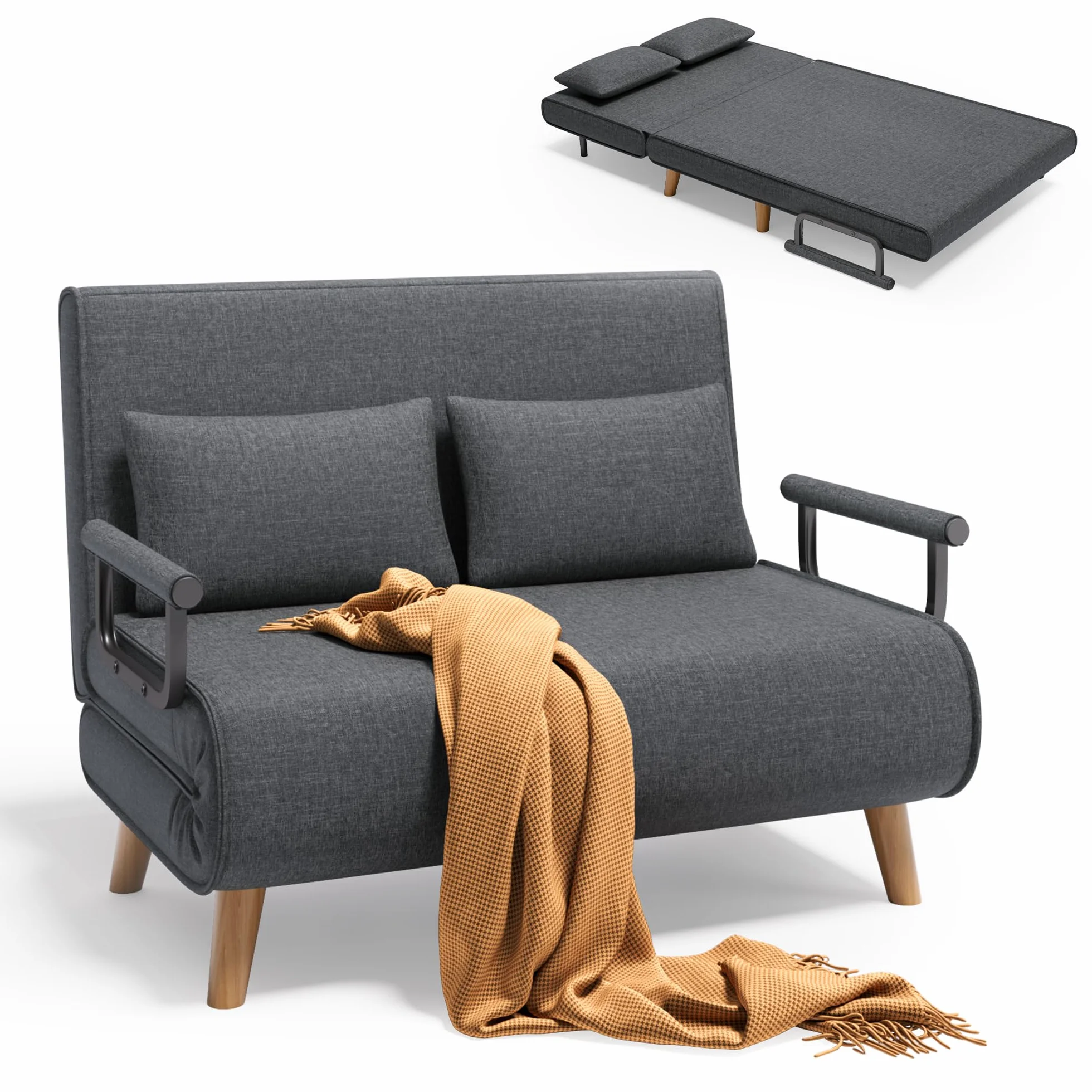 Xbro Sofá Cama de 2 Plazas, Sillón Cama Plegable con Respaldo Ajustable de 6 Niveles y 2 Almohadas, Sofá Convertible para Salón Dormitorio o Apartamento