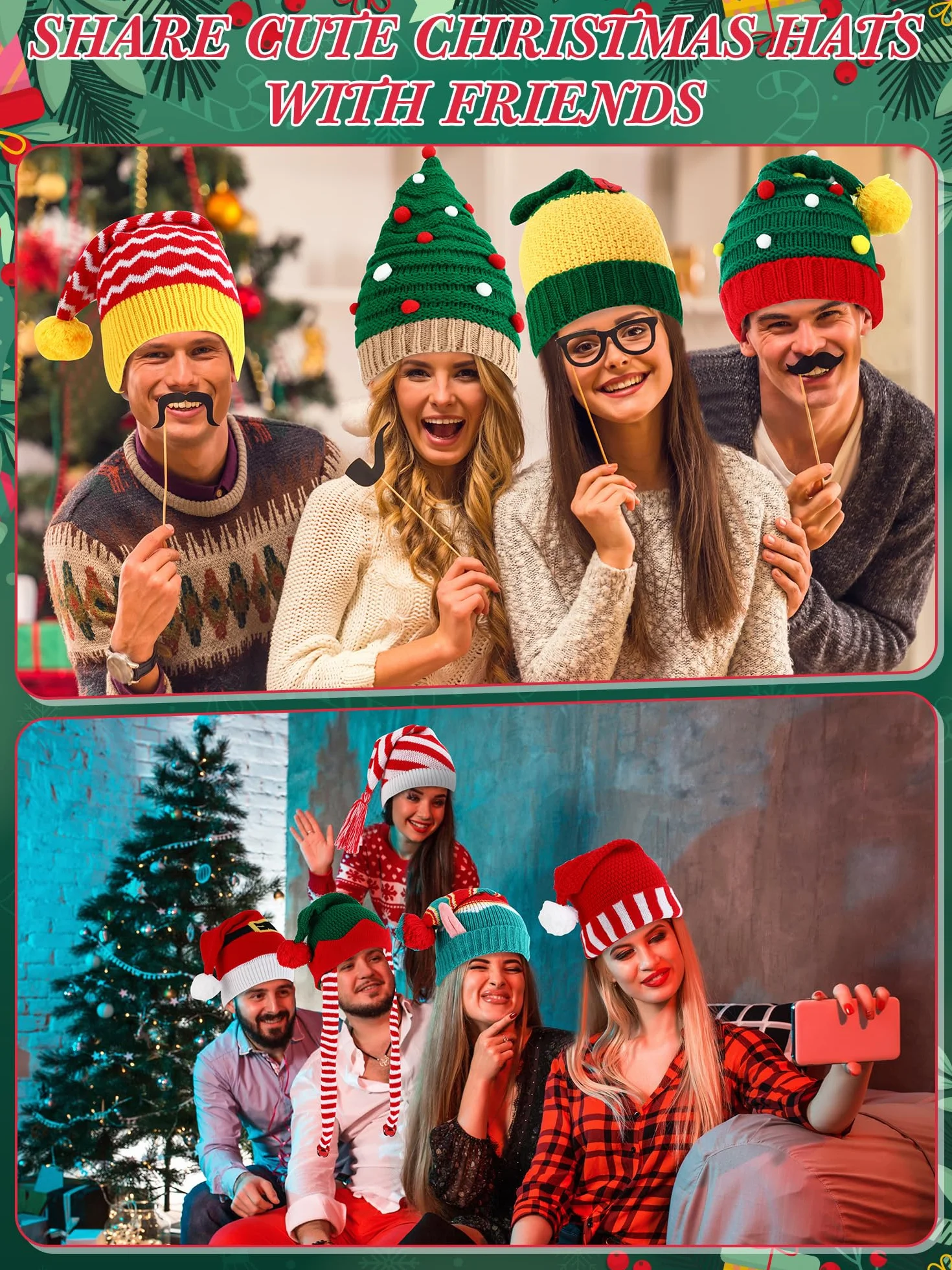 Liitrsh - Sombreros de Papá Noel unisex de punto de ganchillo (10 unidades), diseño de pompones, gorro de Navidad con pompones, sombrero de elfo divertido para mujer y hombre, para fiesta de Navidad