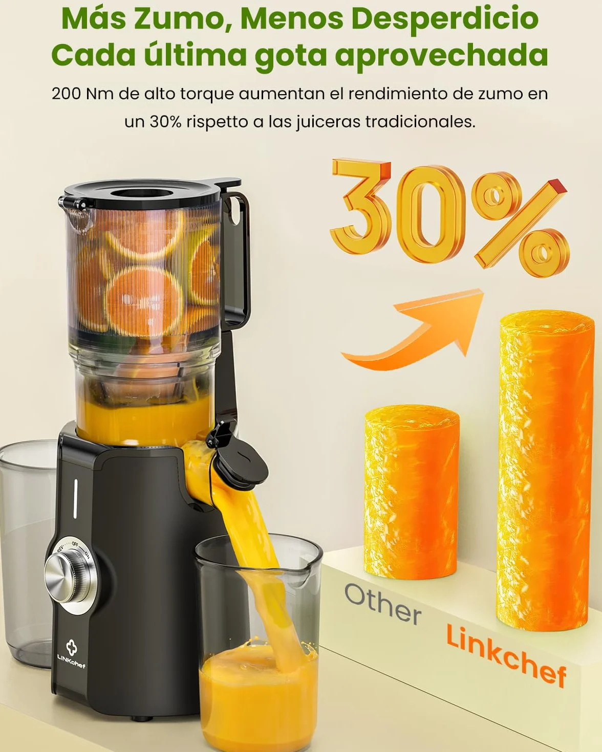 LINKChef Slow Juicer 200W Boca Ancha 115mm Prensado en Frío Sin BPA Negro
