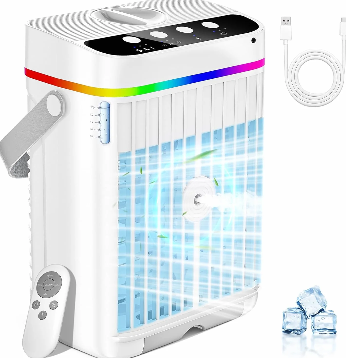 Aire acondicionado portátil, enfriador evaporativo de 1200 ml con 3 velocidades, temporizador de 2-4-8 horas, control remoto y 7 luces de color para el hogar, oficina, dormitorio, uso en la habitación