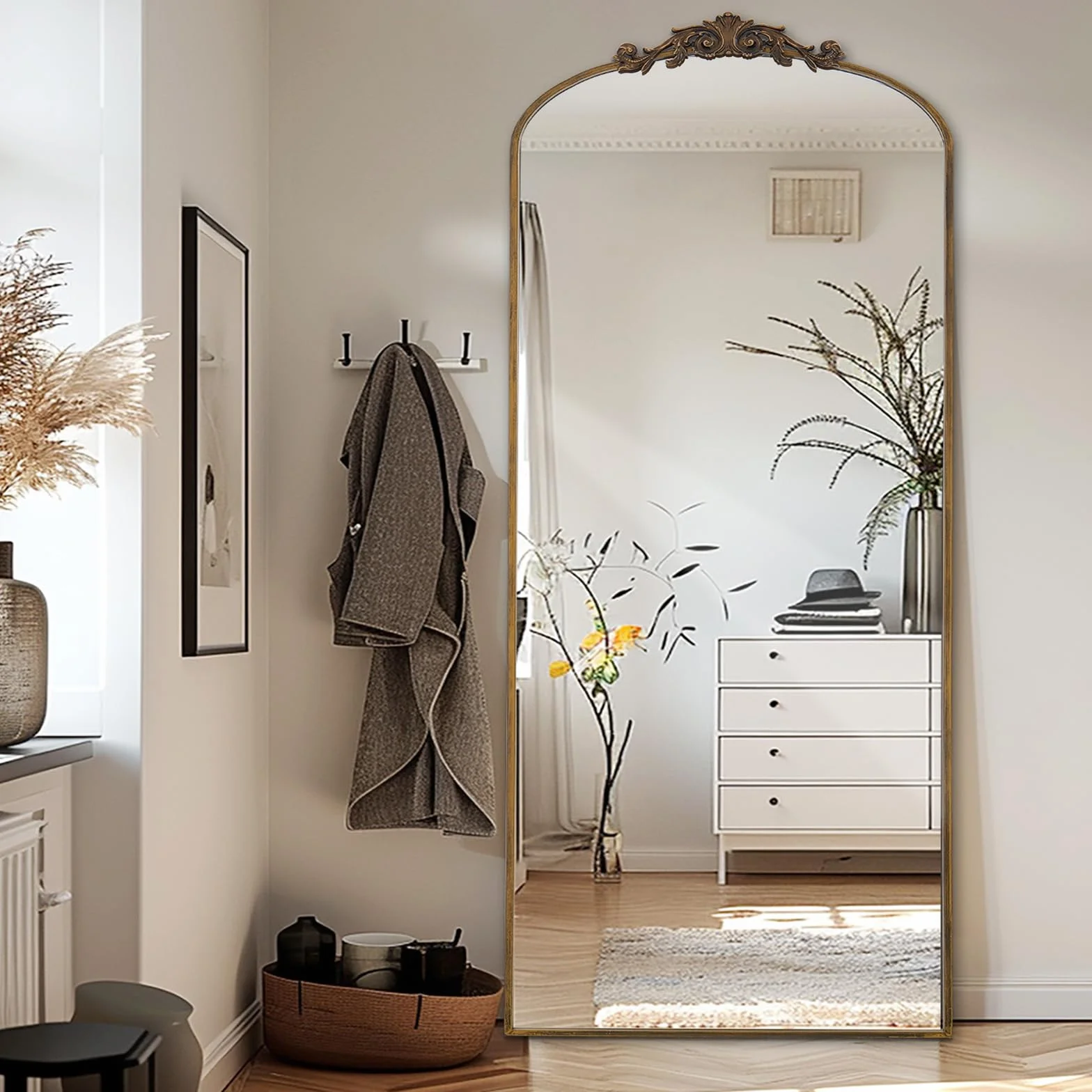 Filigree - Espejo de pie (180 x 76 cm, espejo de cuerpo entero, vintage, Sierlijke Gesneden Applicatie, retro, decoración del hogar, espejo de pared, voor Woonkamer Slaapkamer Hal Entree