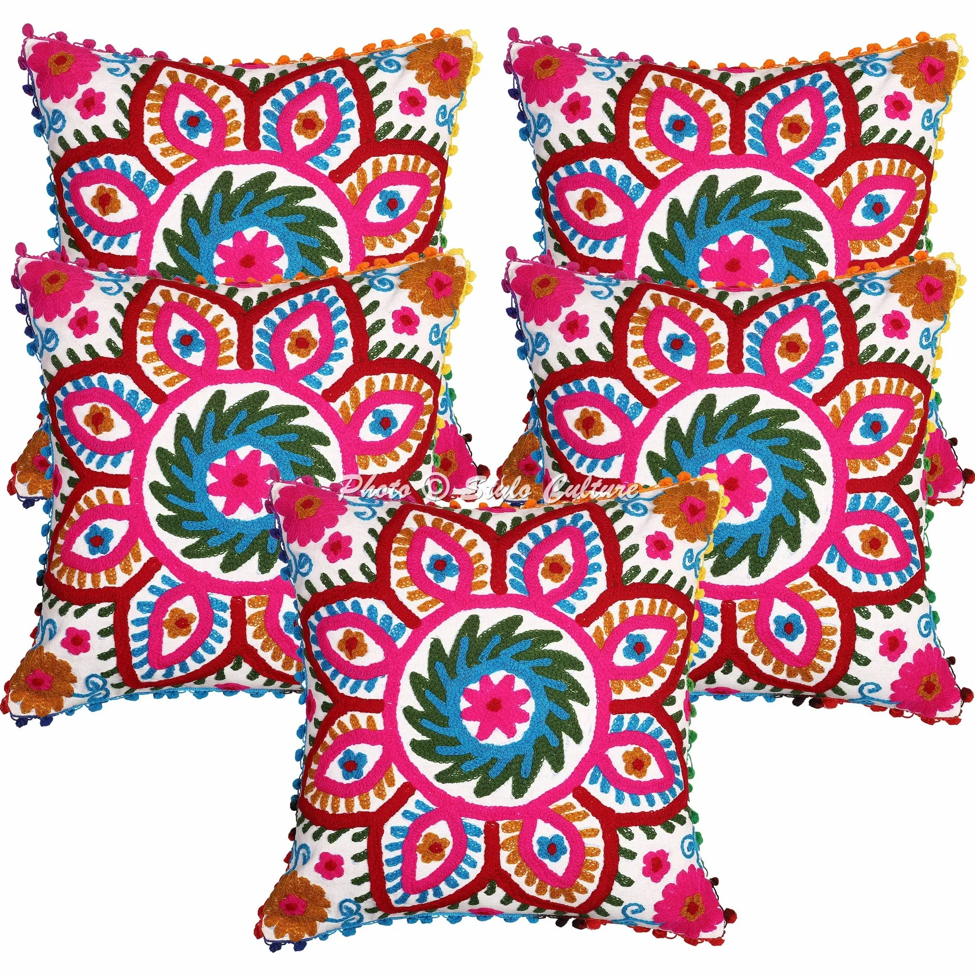 Bohemio Fundas De Almohadones Decorativa 40x40 cm Algodón Floral Forros para Cojines Silla Blanco 16x16 Inch Pompón Bordado Suzani Cuadrado Cremallera Fundas Cojines Sofa - 5 Pcs