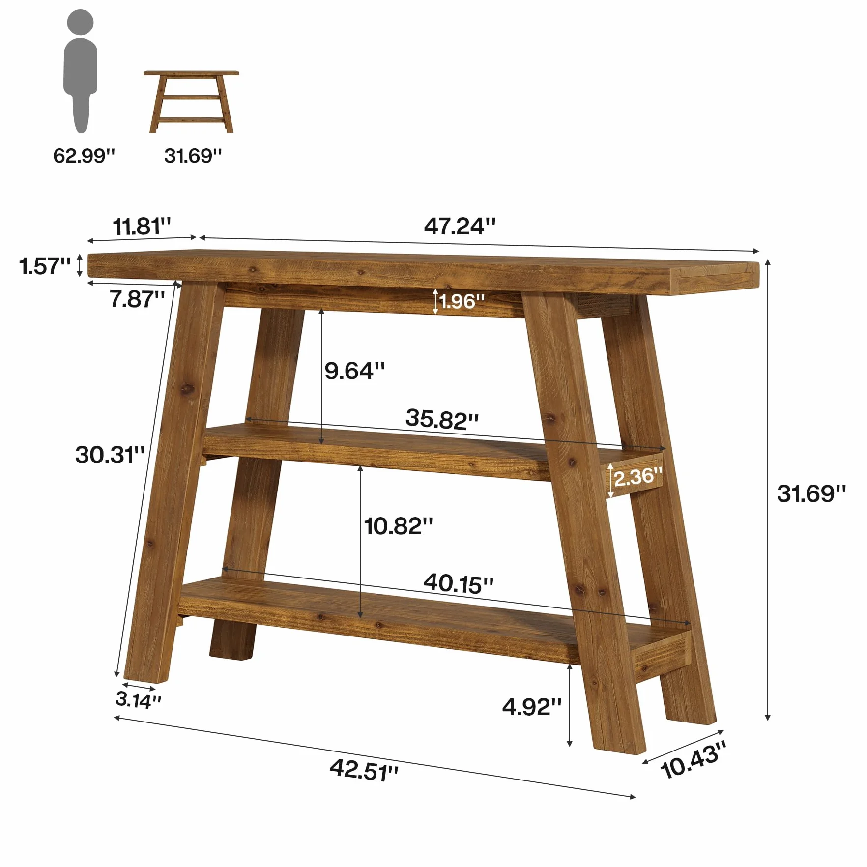 Mesa Consola de Madera Maciza de 120 cm, Mesa de Entrada con estantes de 3 Niveles, rectangulares detrás del sofá, mesas de Acento estrechas para Pasillo, Entrada, vestíbulo, salón (Marrón)