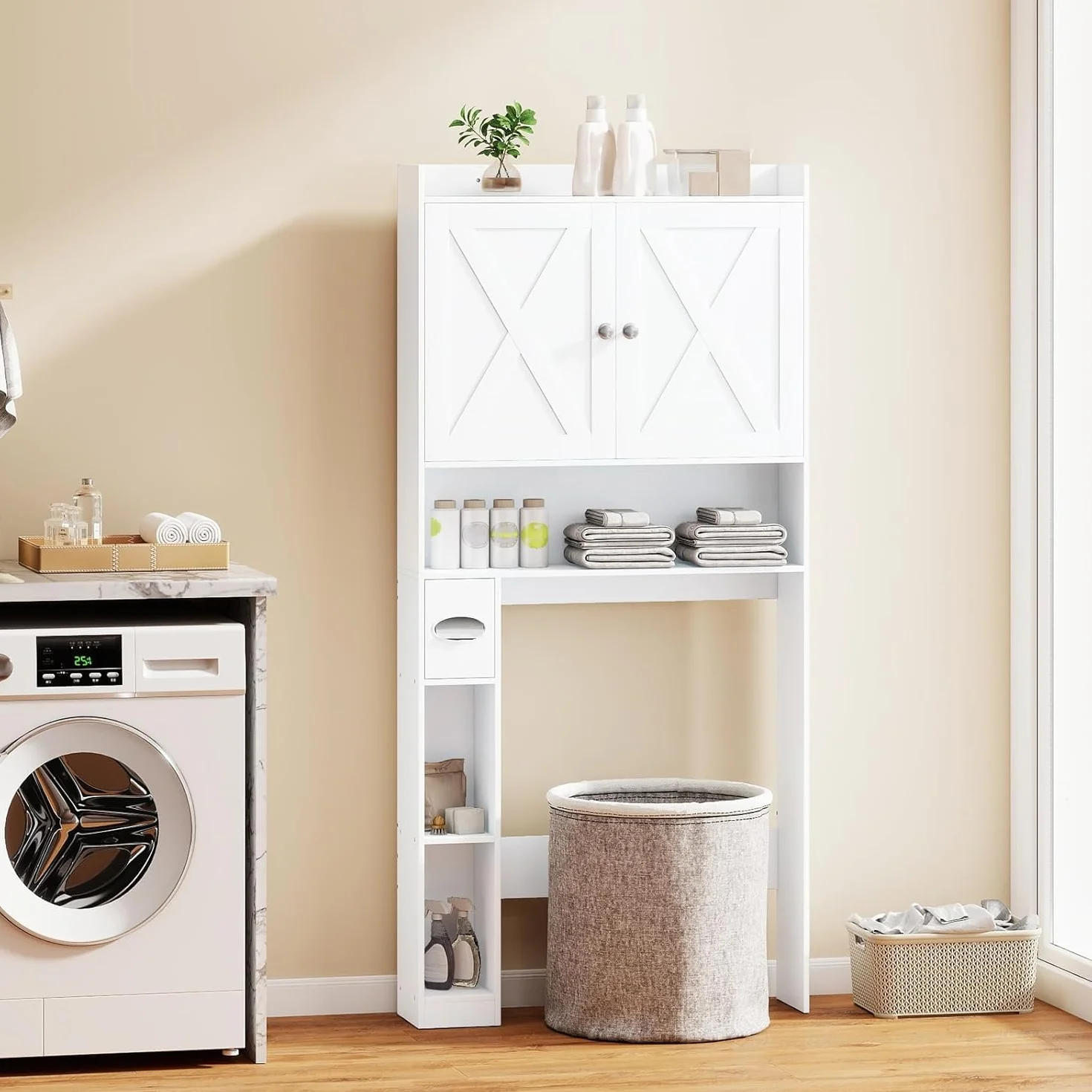 GIANTEX Mueble sobre Inodoro, Armario de Baño con Puertas, Compartimentos Abiertos y Soporte para Papel Higiénico, Estante Inferior Ajustable, 81,5x19,5x172,5cm, Organizador para Lavandería (Blanco)