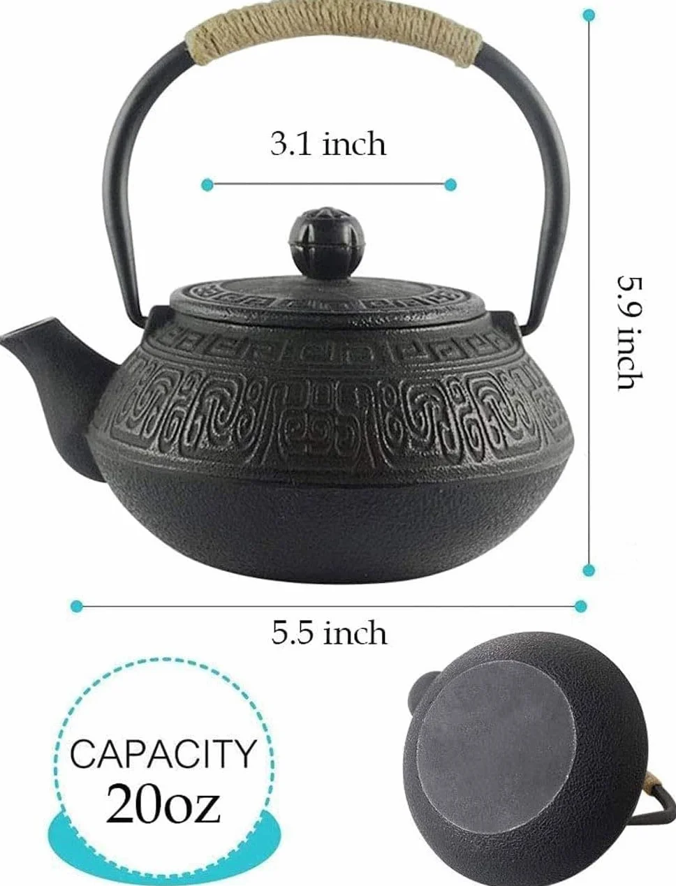 Tetsubin Japonés Tetera de Hierro Fundido, Tetera de Hierro Fundido con Infusor de Acero Inoxidable para Té de Hojas Sueltas, Tetera Revestida con Interior Esmaltado, Patrón Antiguo 600ml/20oz